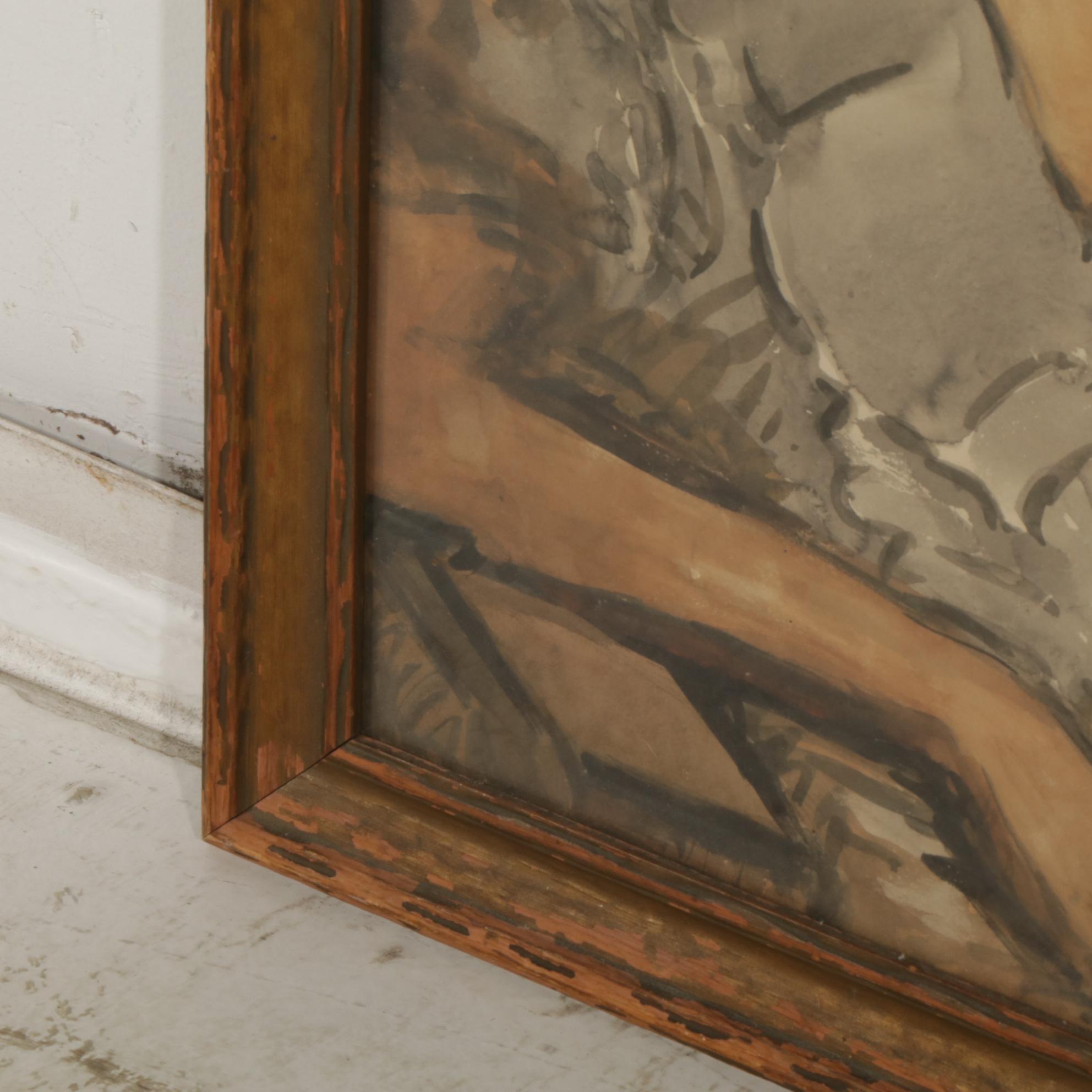 Portrait of Seated Woman Ruminating  Watercolor and Gouache Painting