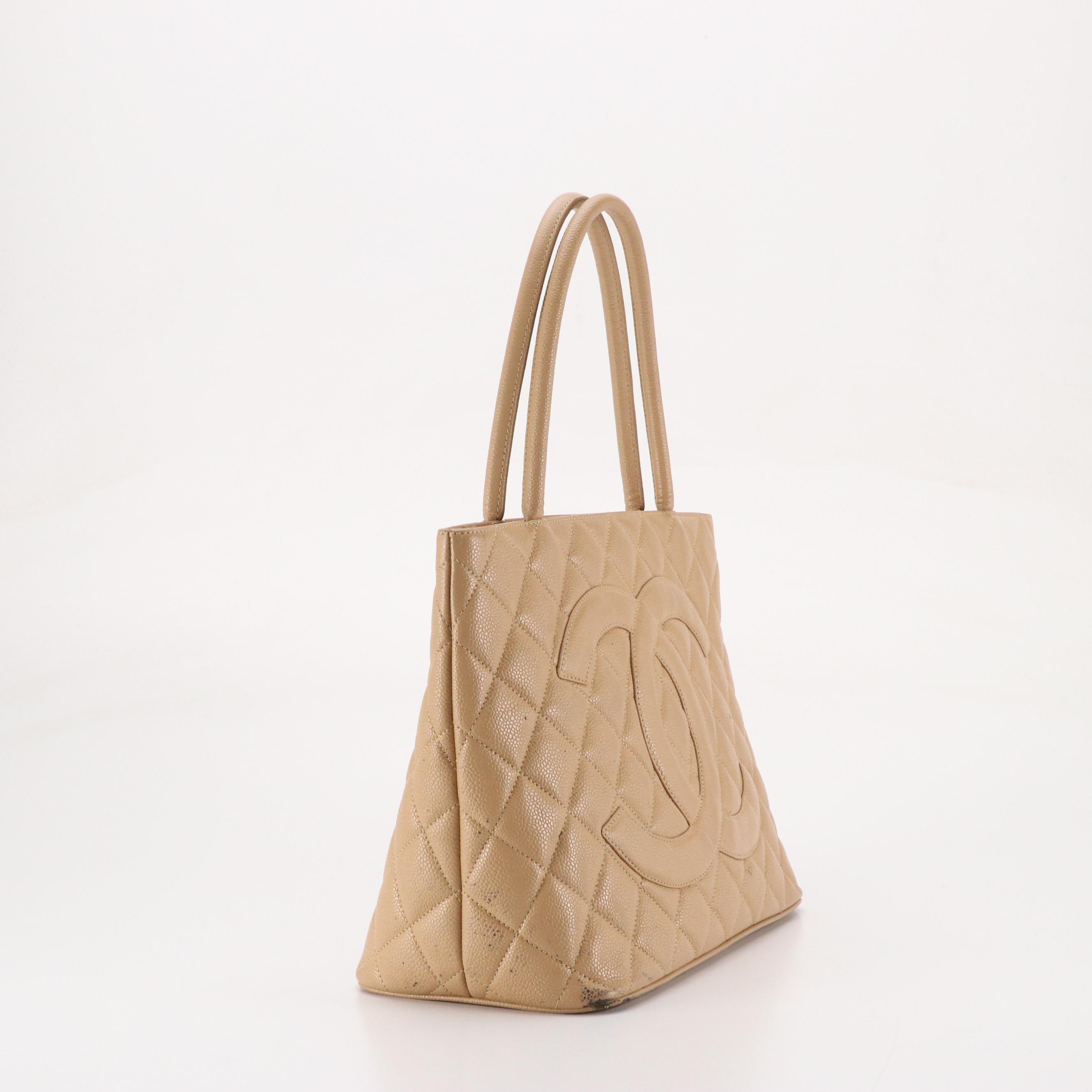 Chanel Medallion Zip Tote in Beige Quilted Caviar Leather