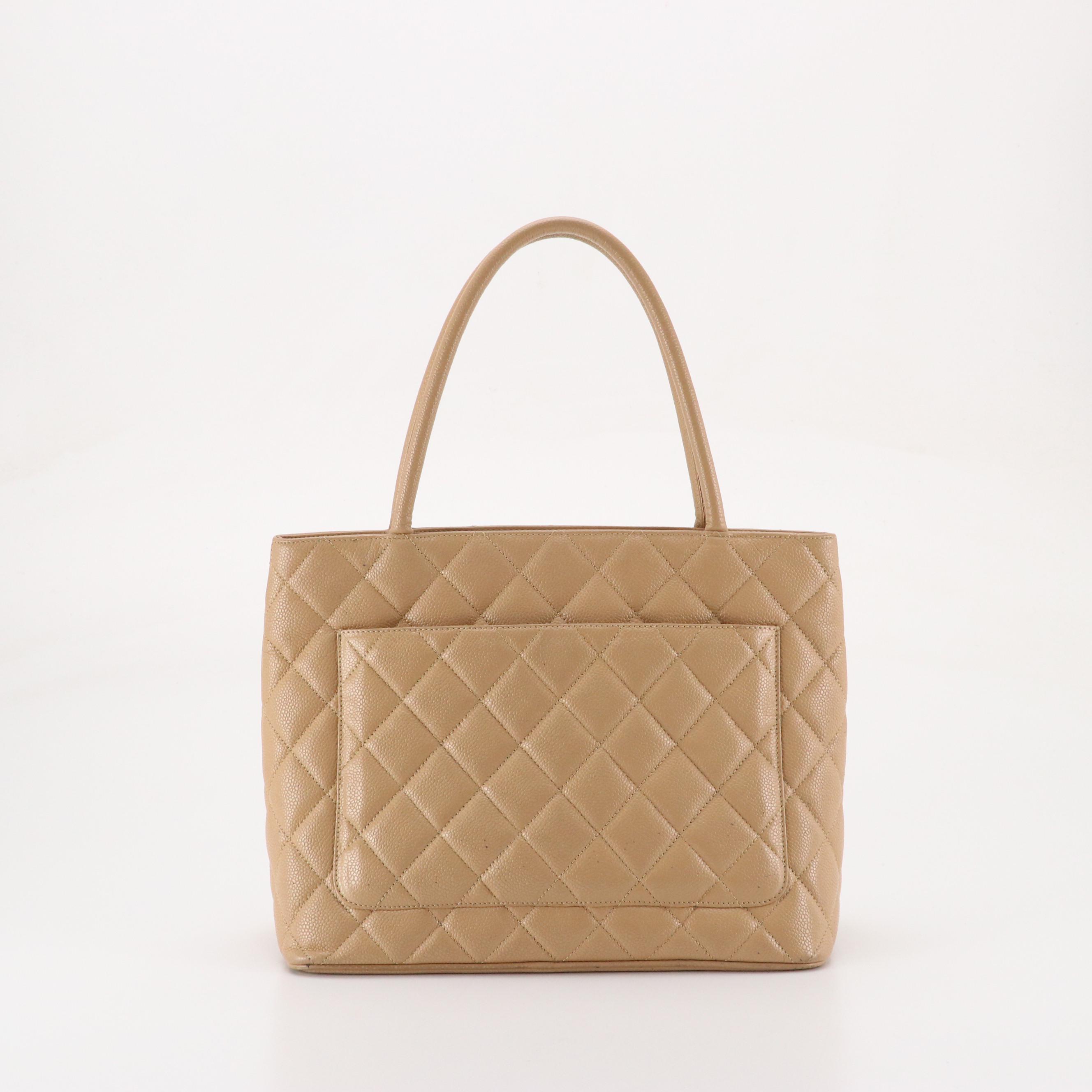 Chanel Medallion Zip Tote in Beige Quilted Caviar Leather