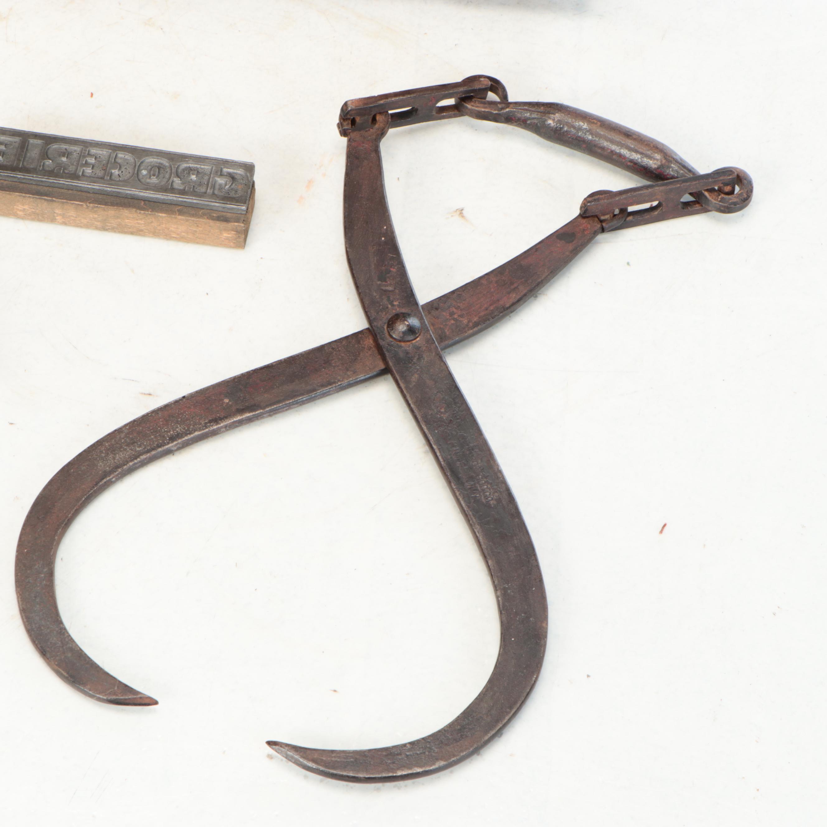 National Register Company Wood Crate with Ice Tongs, Stamp & Bale Hook