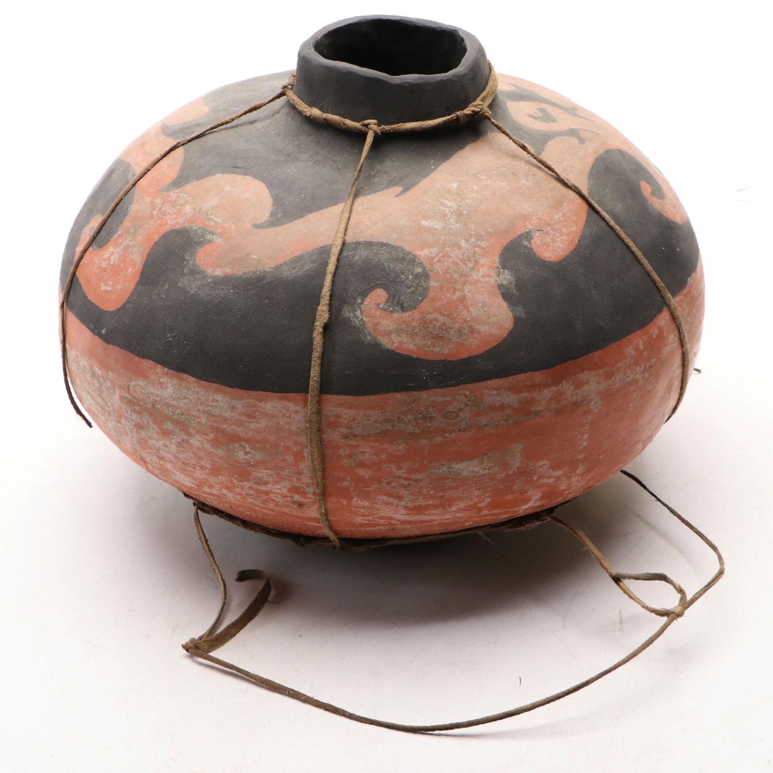 Handmade Terracotta Vessel in Painted Wave Pattern with Leather Carrier