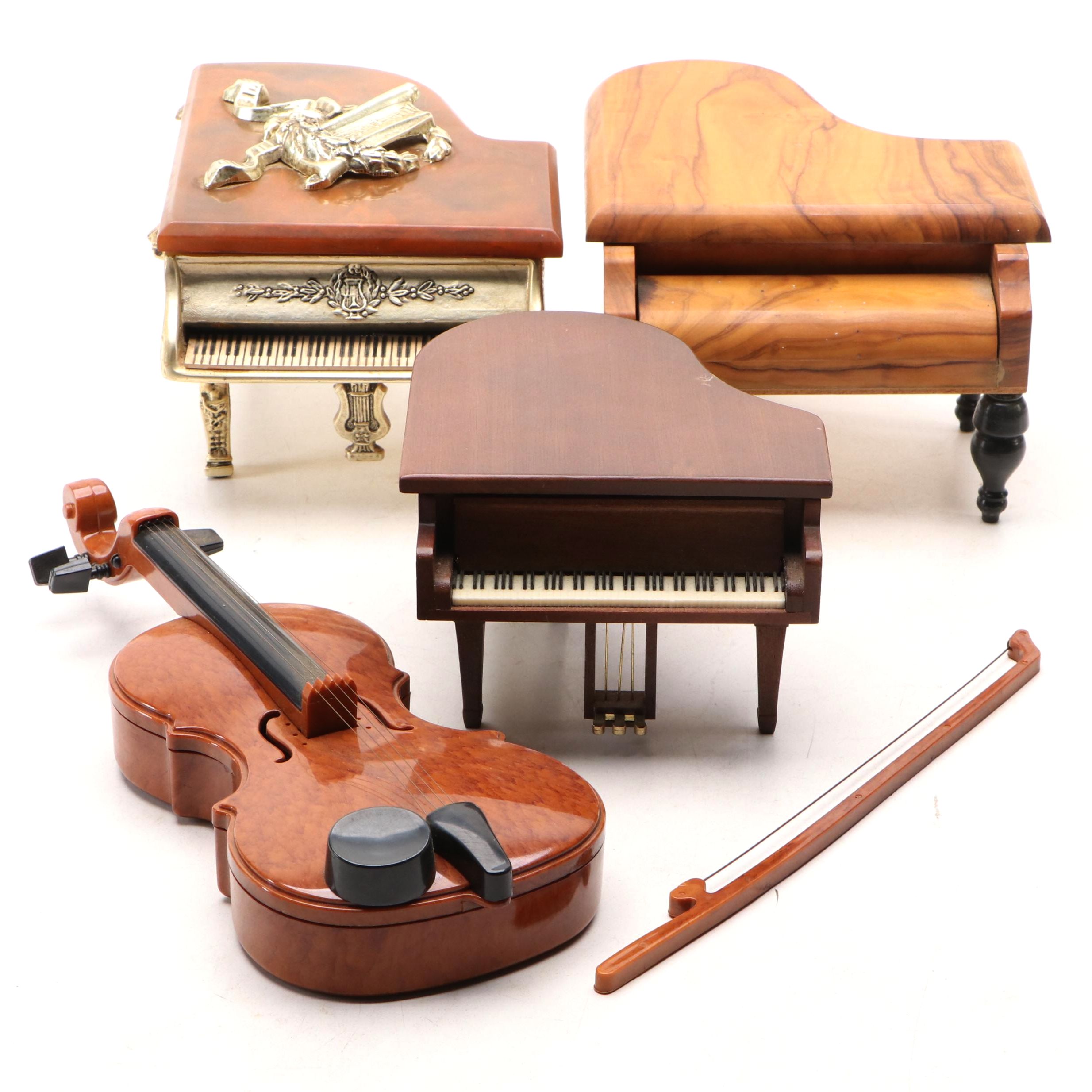 Thorens Cast Metal Piano Music Box with Other Wood Pianos and Toy Violin