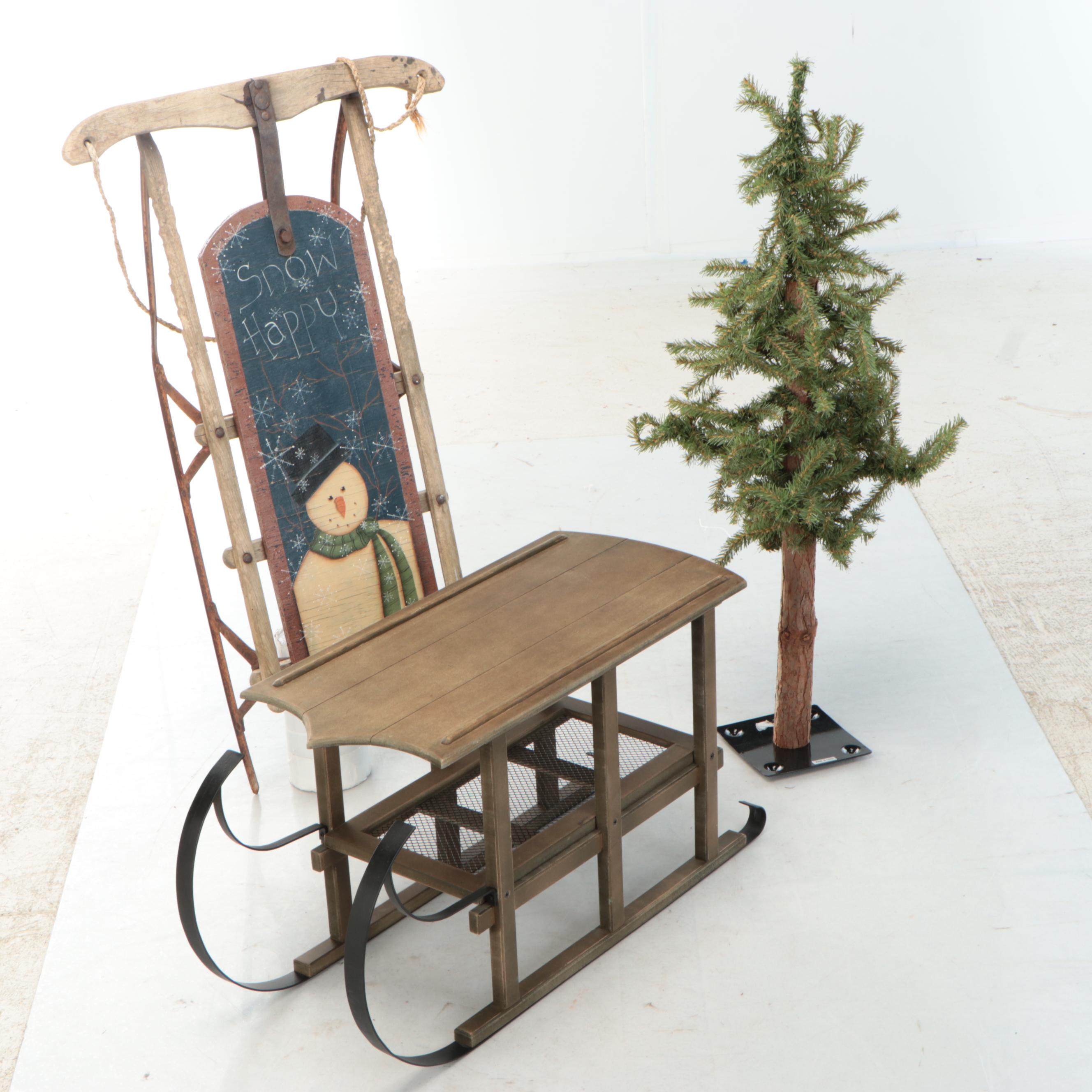 Primitive Style Christmas Sled, Table, Miniature Tree, Pillows and More