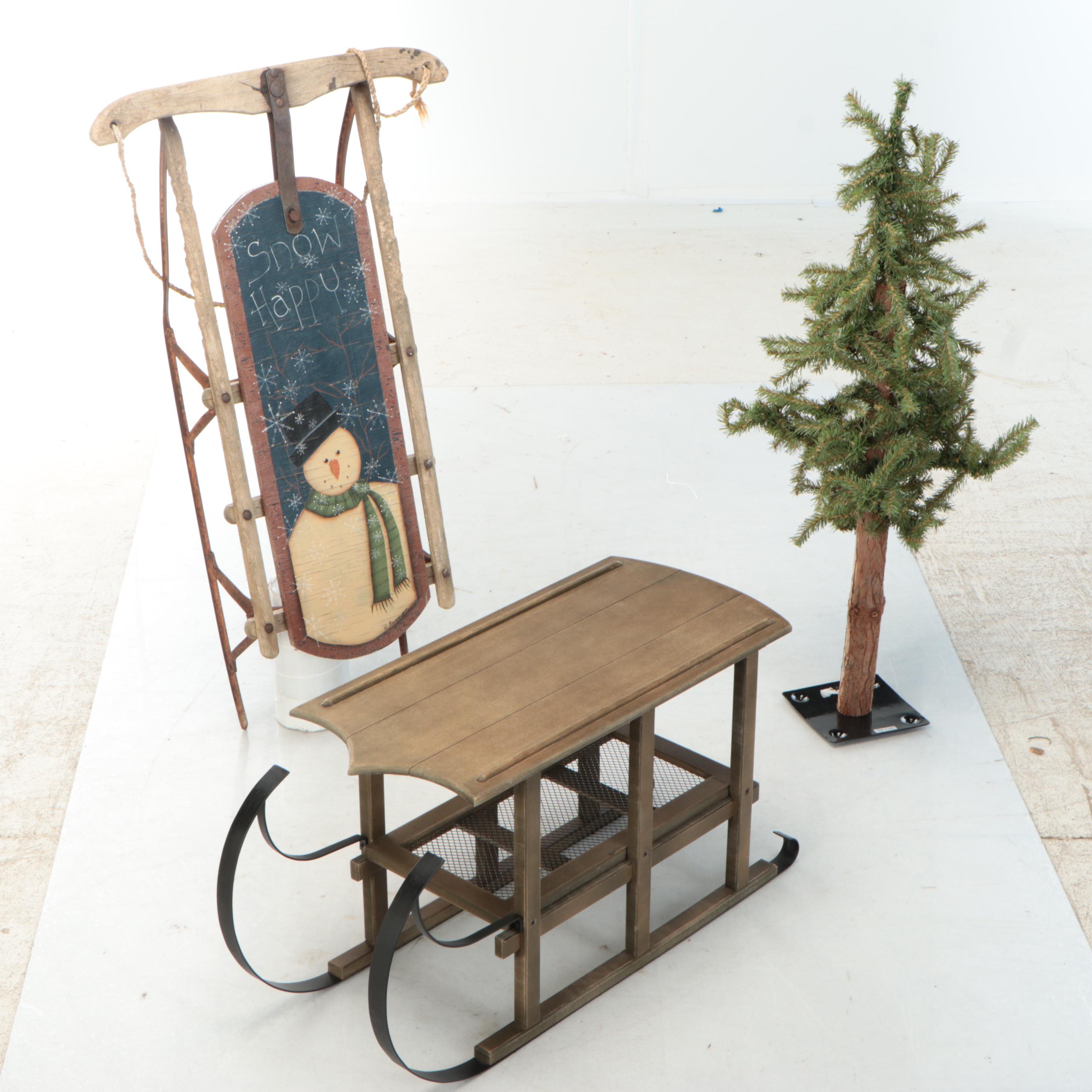 Primitive Style Christmas Sled, Table, Miniature Tree, Pillows and More