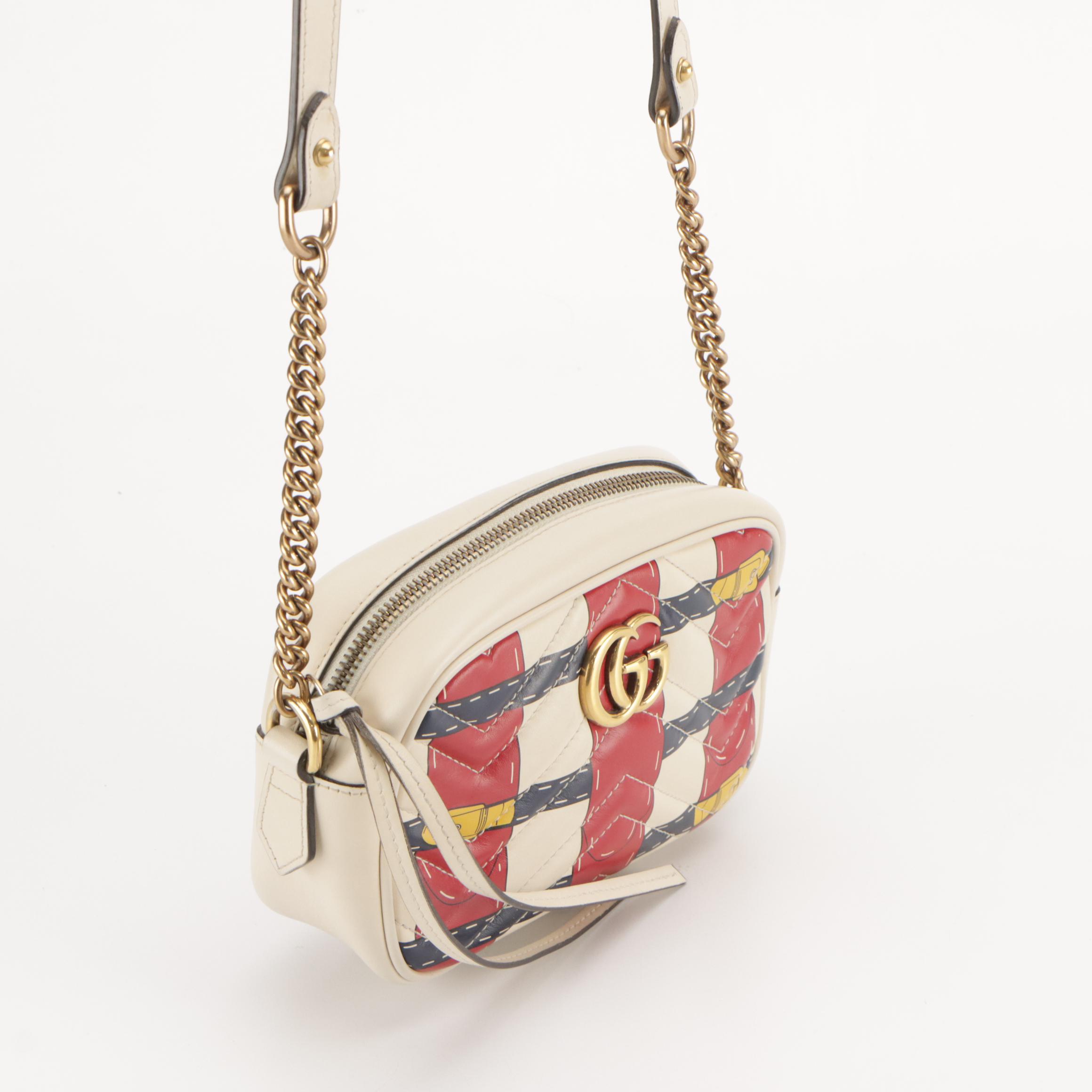 Gucci Trompe L'Oeil Print GG Marmont Chain Shoulder Bag in Matelassé Leather