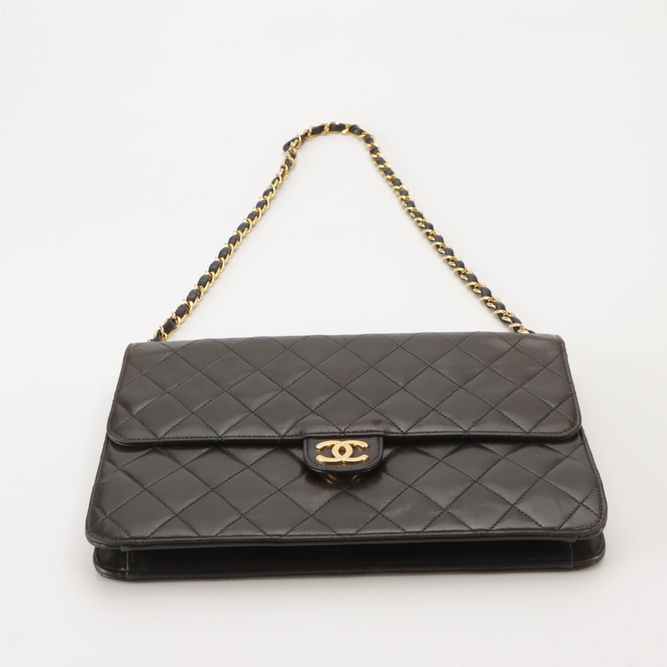 Chanel Black Quilted Lambskin Single Flap Bag with Interwoven Chain Strap