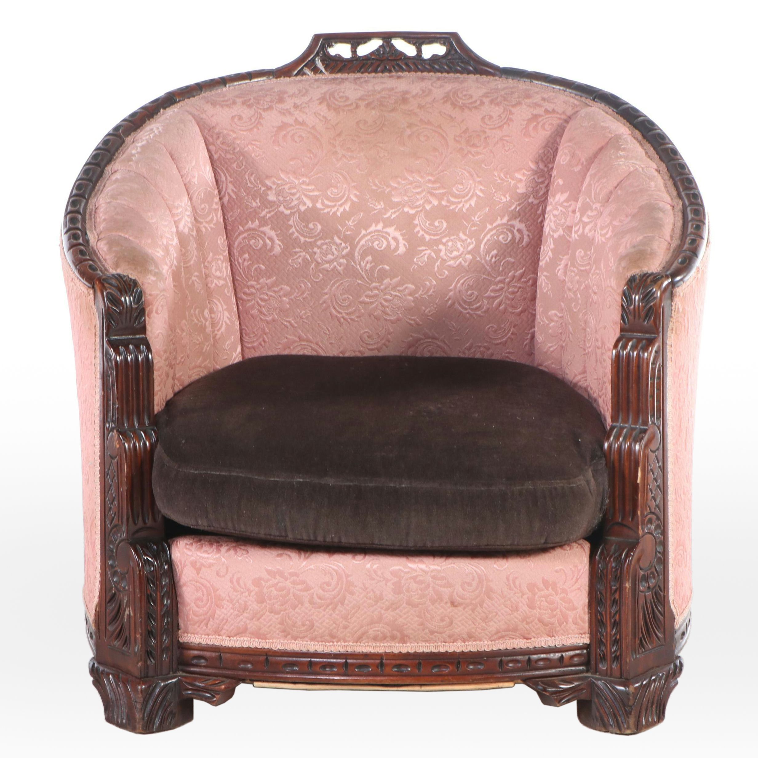 Victorian Brocade Upholstered Carved Mahogany Armchair, Late 19th Century