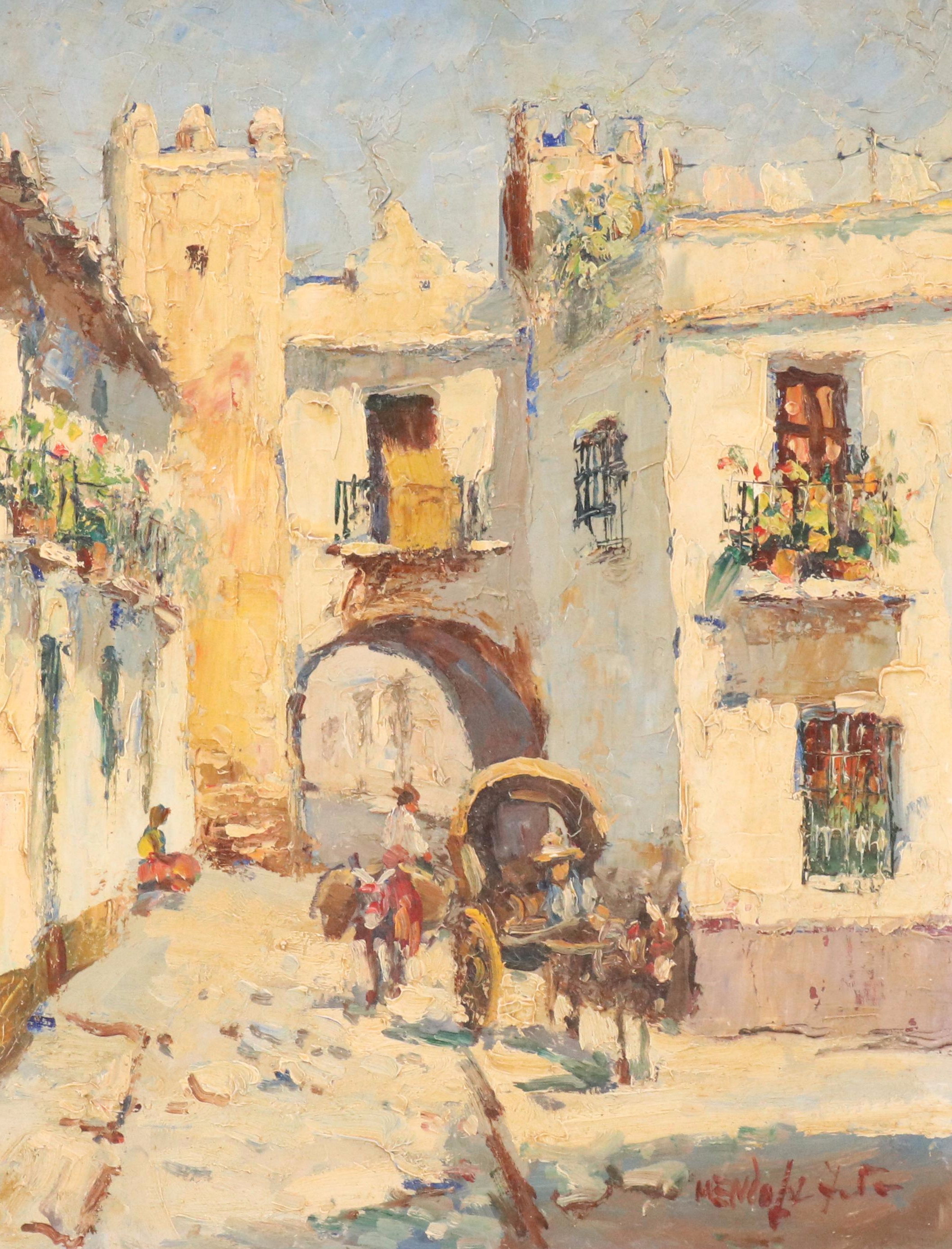 Latin American Street Scene Oil Painting, Mid-20th Century