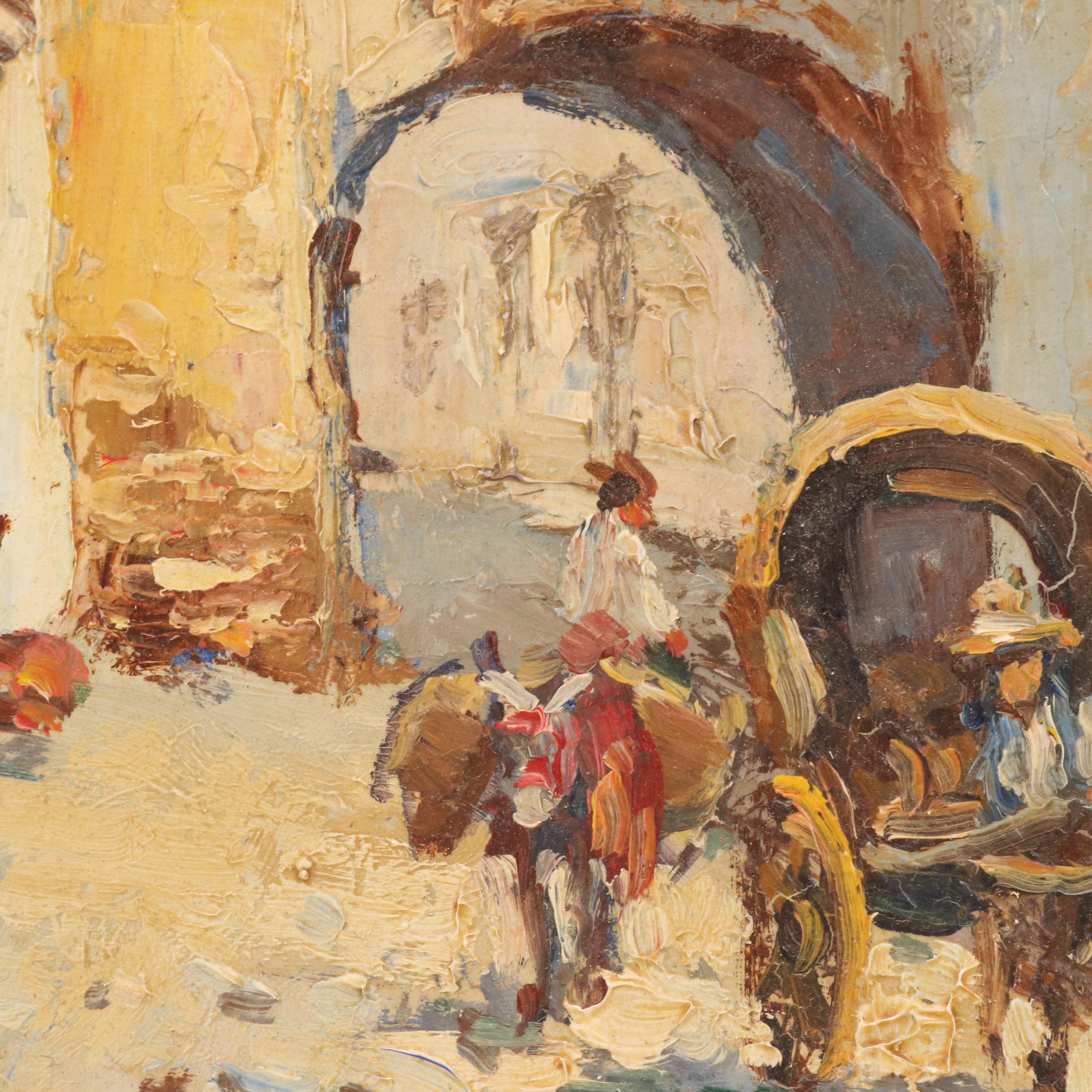 Latin American Street Scene Oil Painting, Mid-20th Century