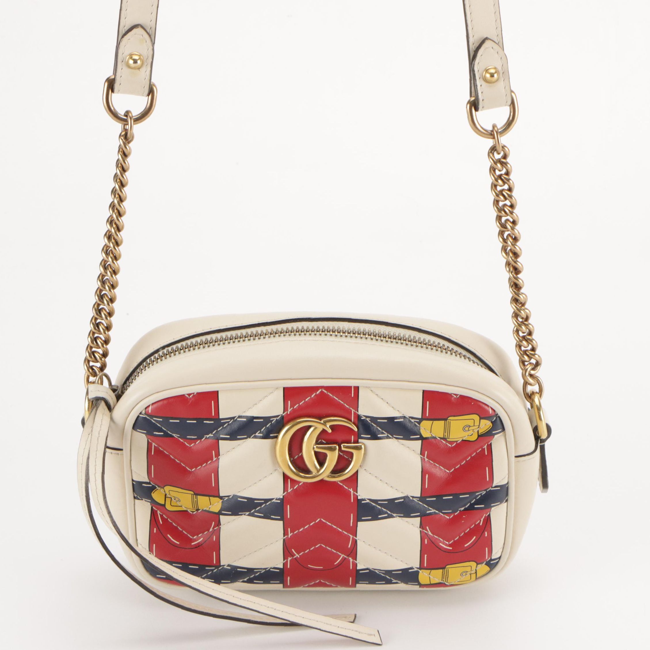 Gucci Trompe L'Oeil Print GG Marmont Chain Shoulder Bag in Matelassé Leather