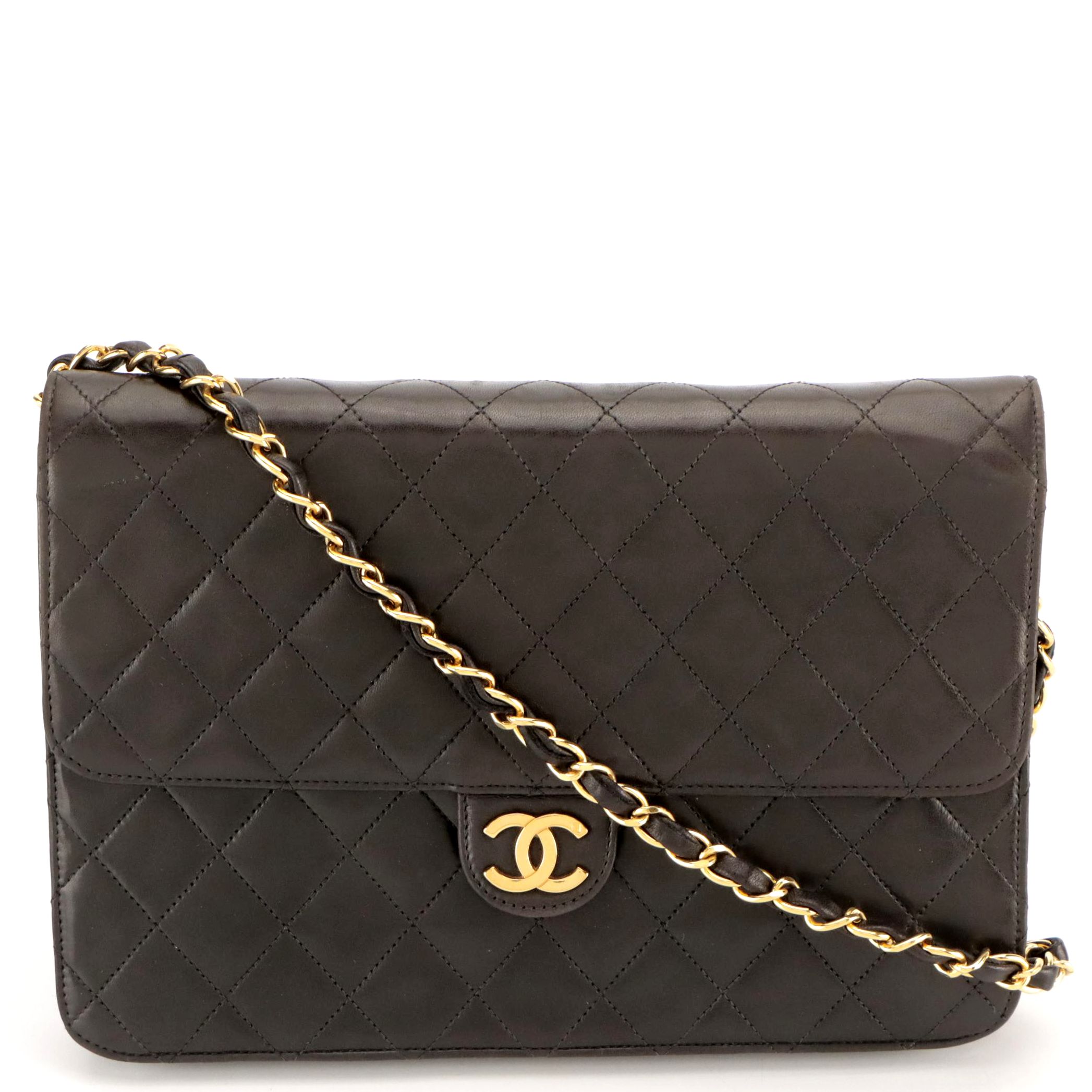 Chanel Black Quilted Lambskin Single Flap Bag with Interwoven Chain Strap