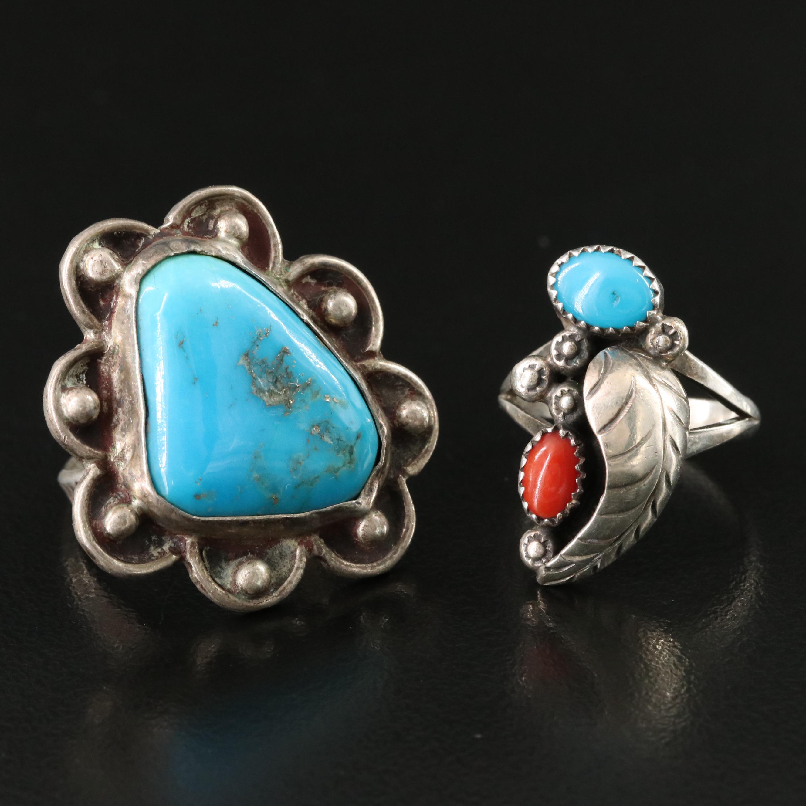 Southwestern Style Sterling Turquoise and Coral Rings