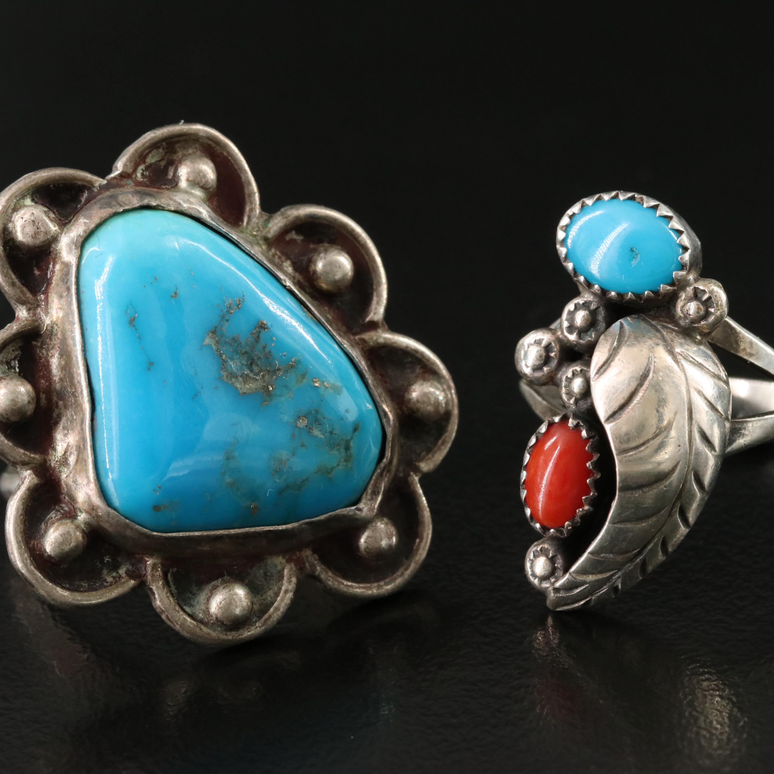 Southwestern Style Sterling Turquoise and Coral Rings