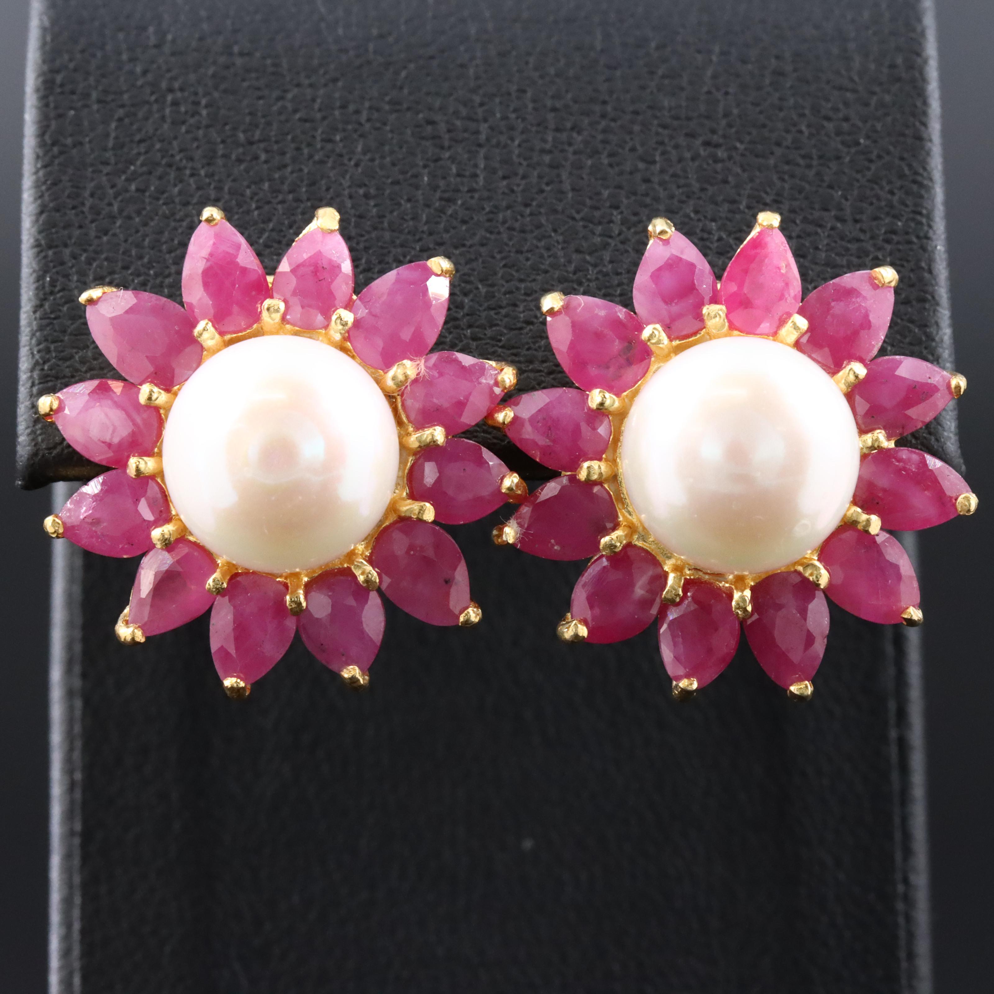 Sterling Pearl and Ruby Earrings