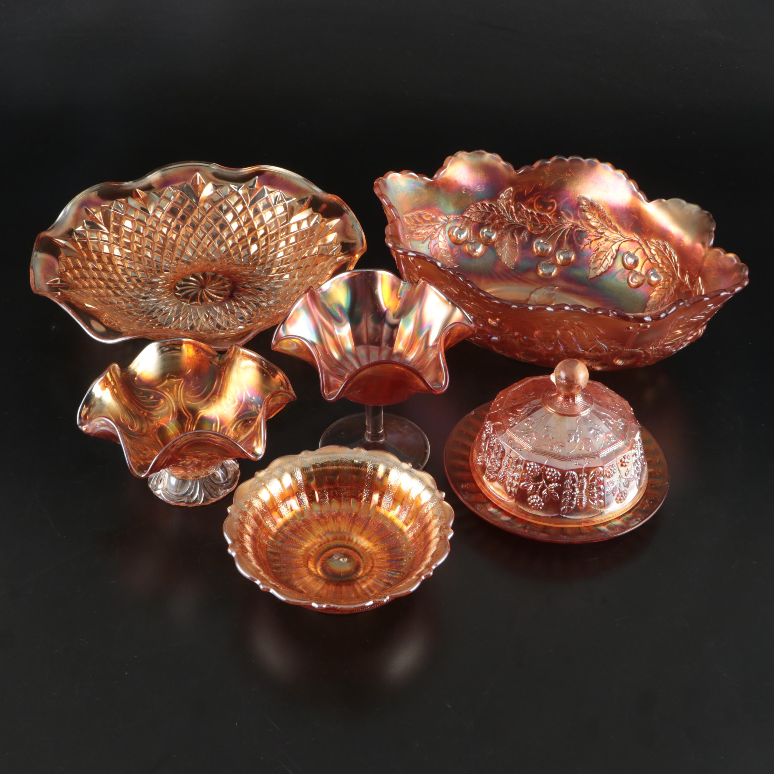 Fenton "Butterfly and Berry" Butter Dish with Other Marigold Carnival Glass