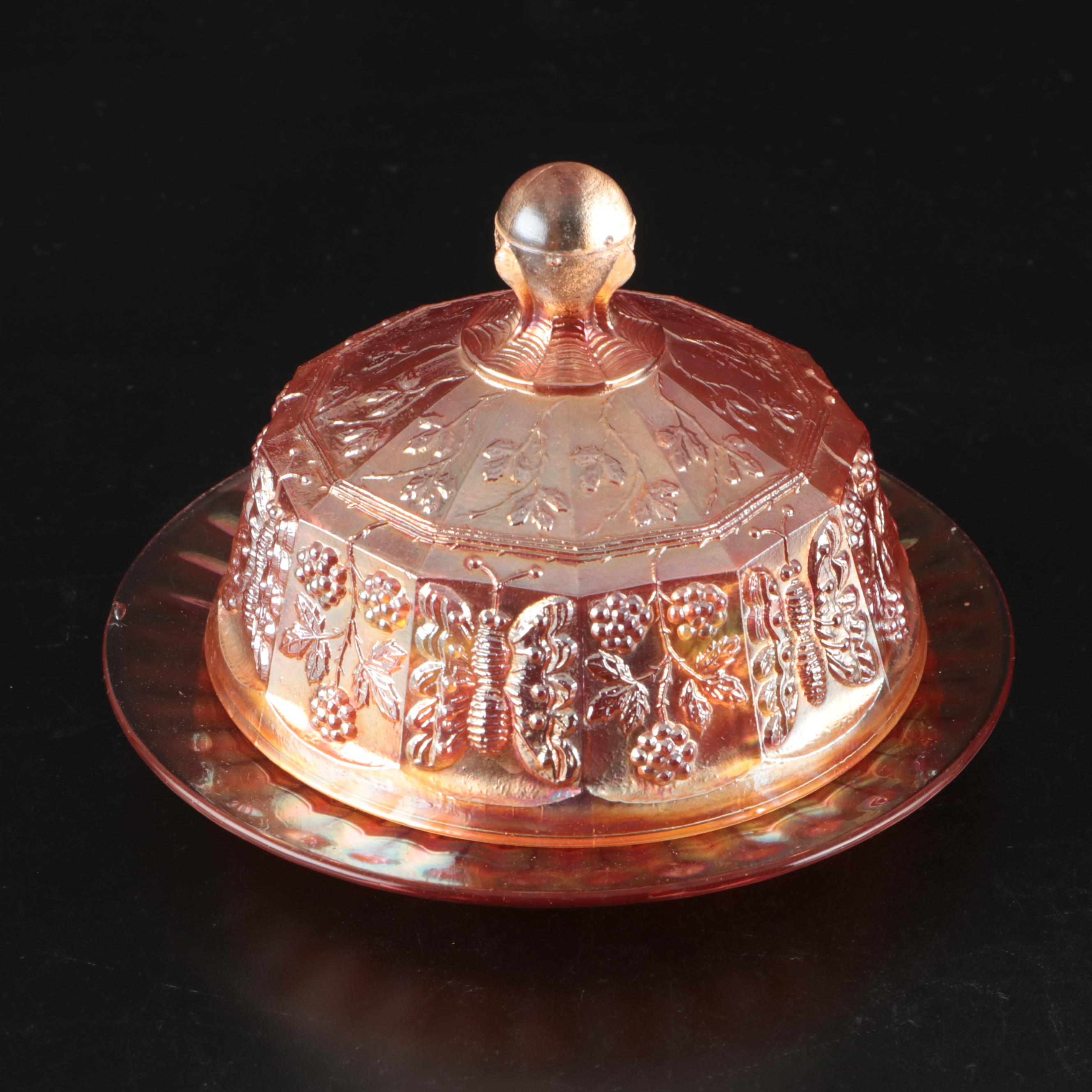 Fenton "Butterfly and Berry" Butter Dish with Other Marigold Carnival Glass