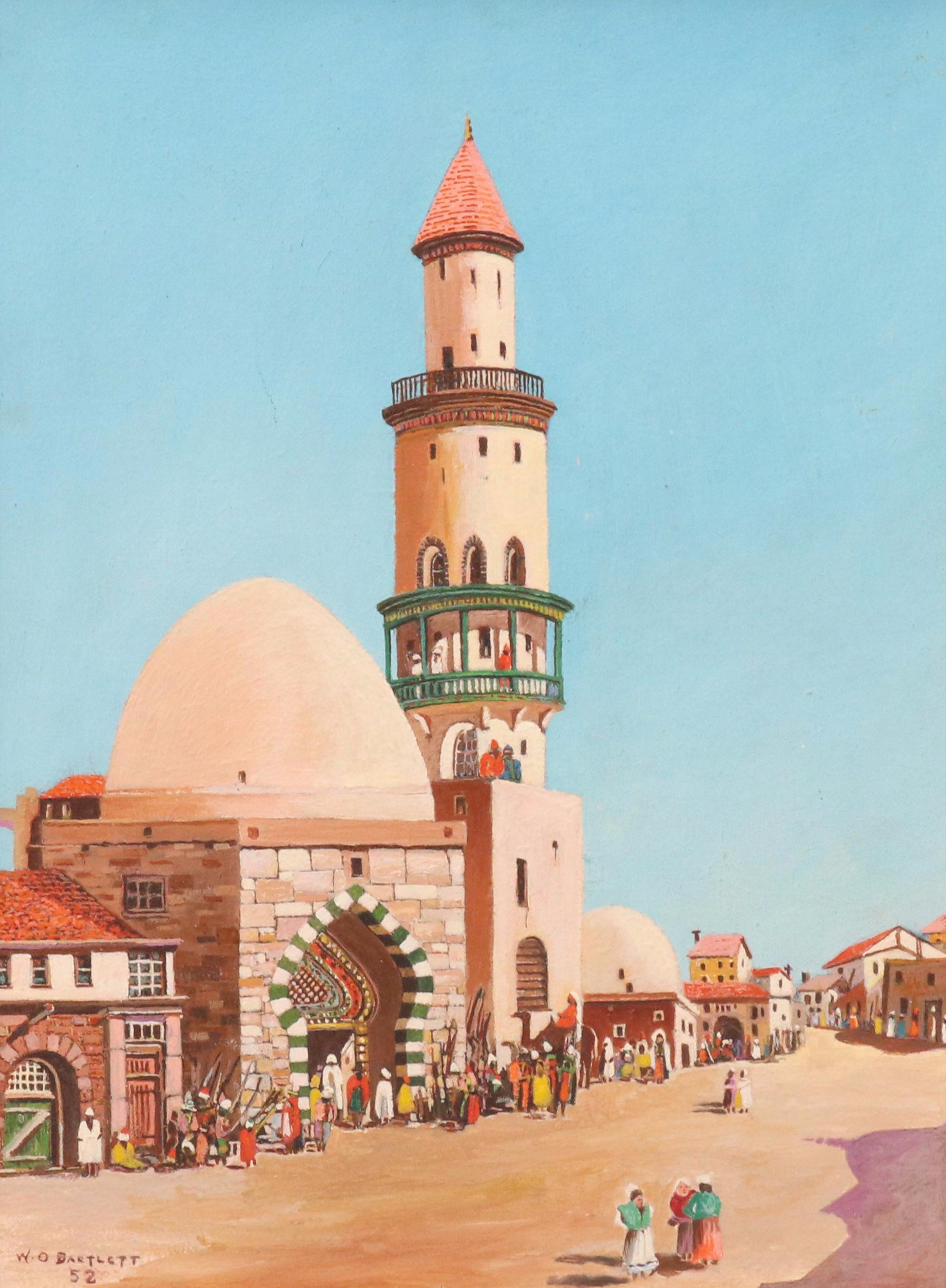 W. O. Bartlett Acrylic Painting of Tunisian Street Scene With Mosque, 1952
