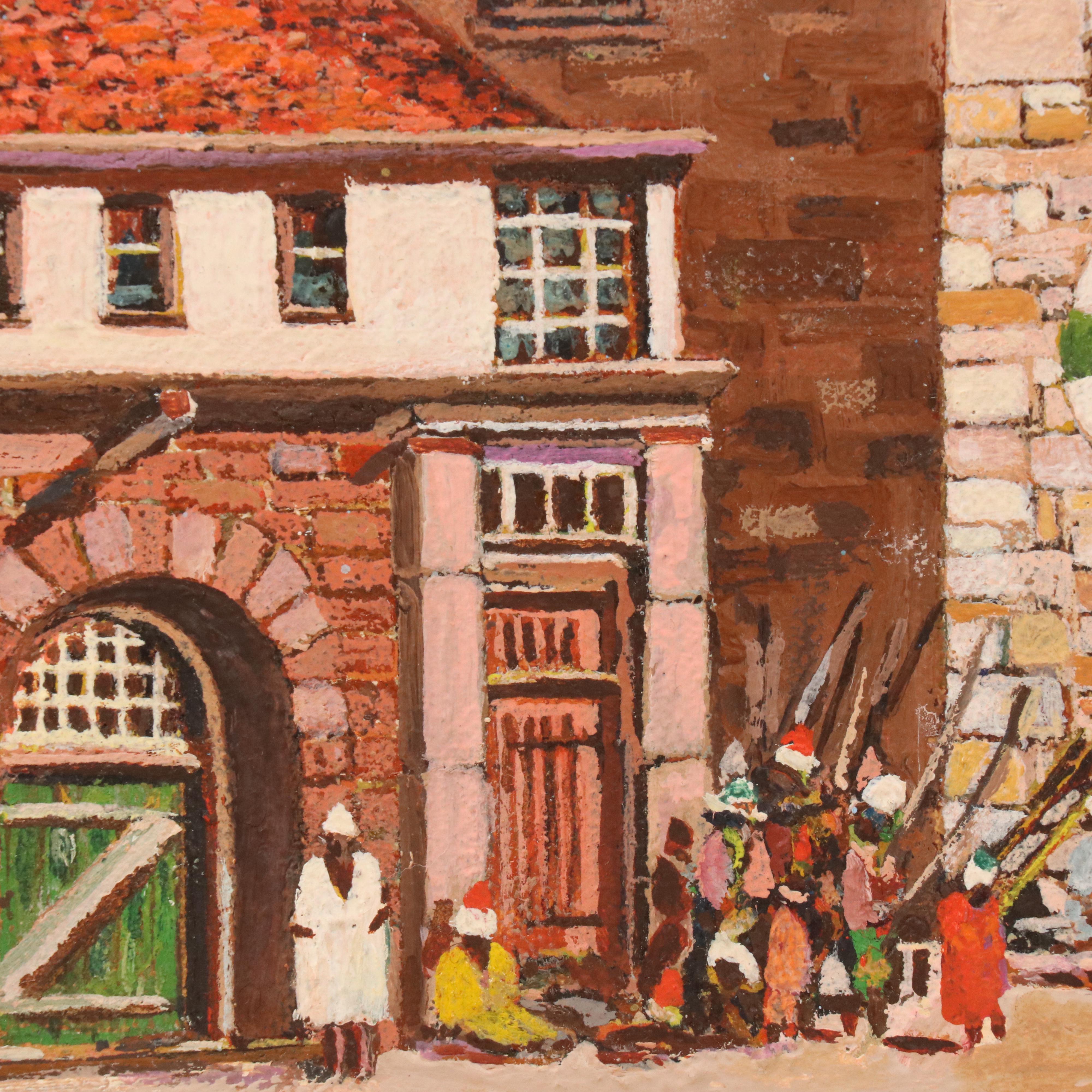 W. O. Bartlett Acrylic Painting of Tunisian Street Scene With Mosque, 1952