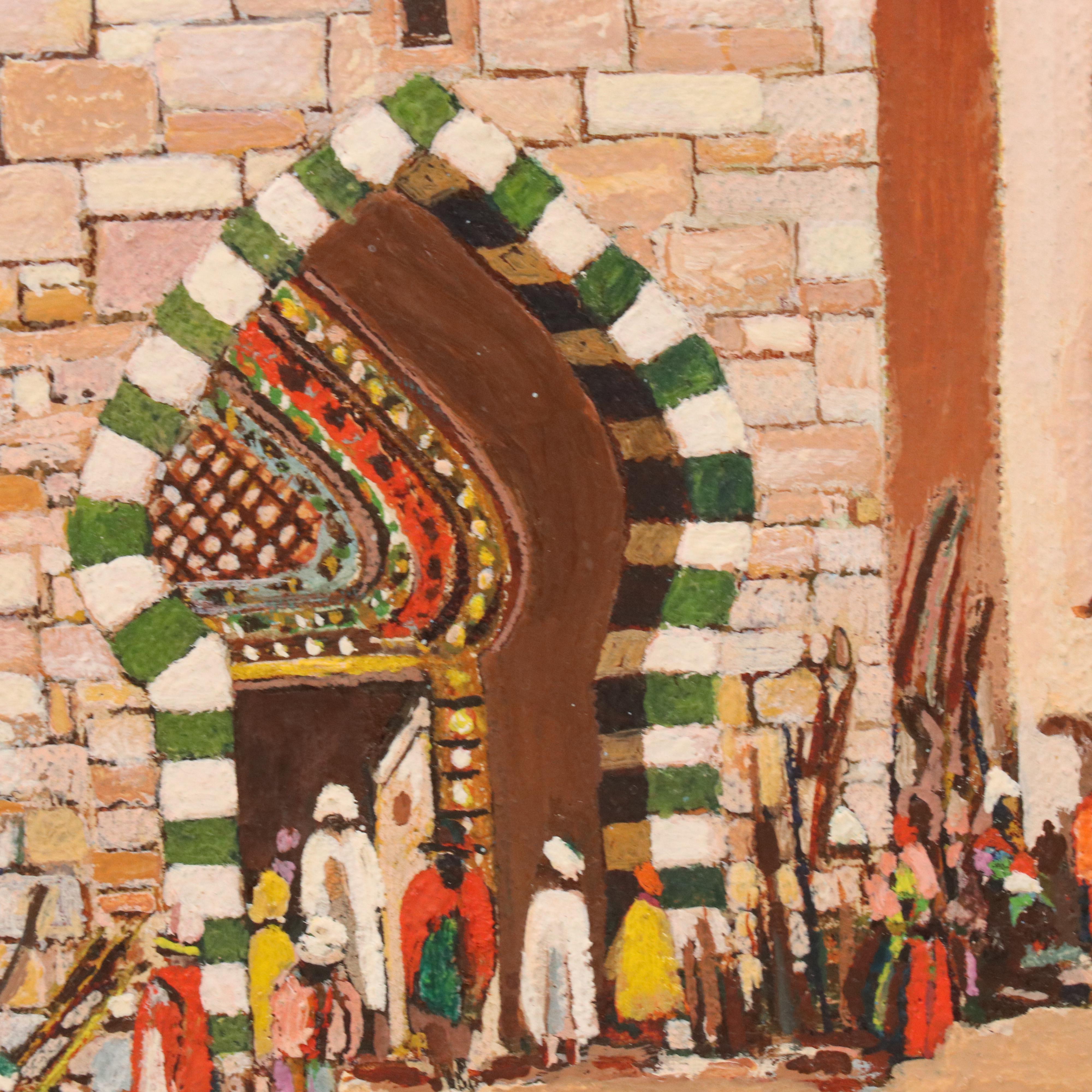 W. O. Bartlett Acrylic Painting of Tunisian Street Scene With Mosque, 1952