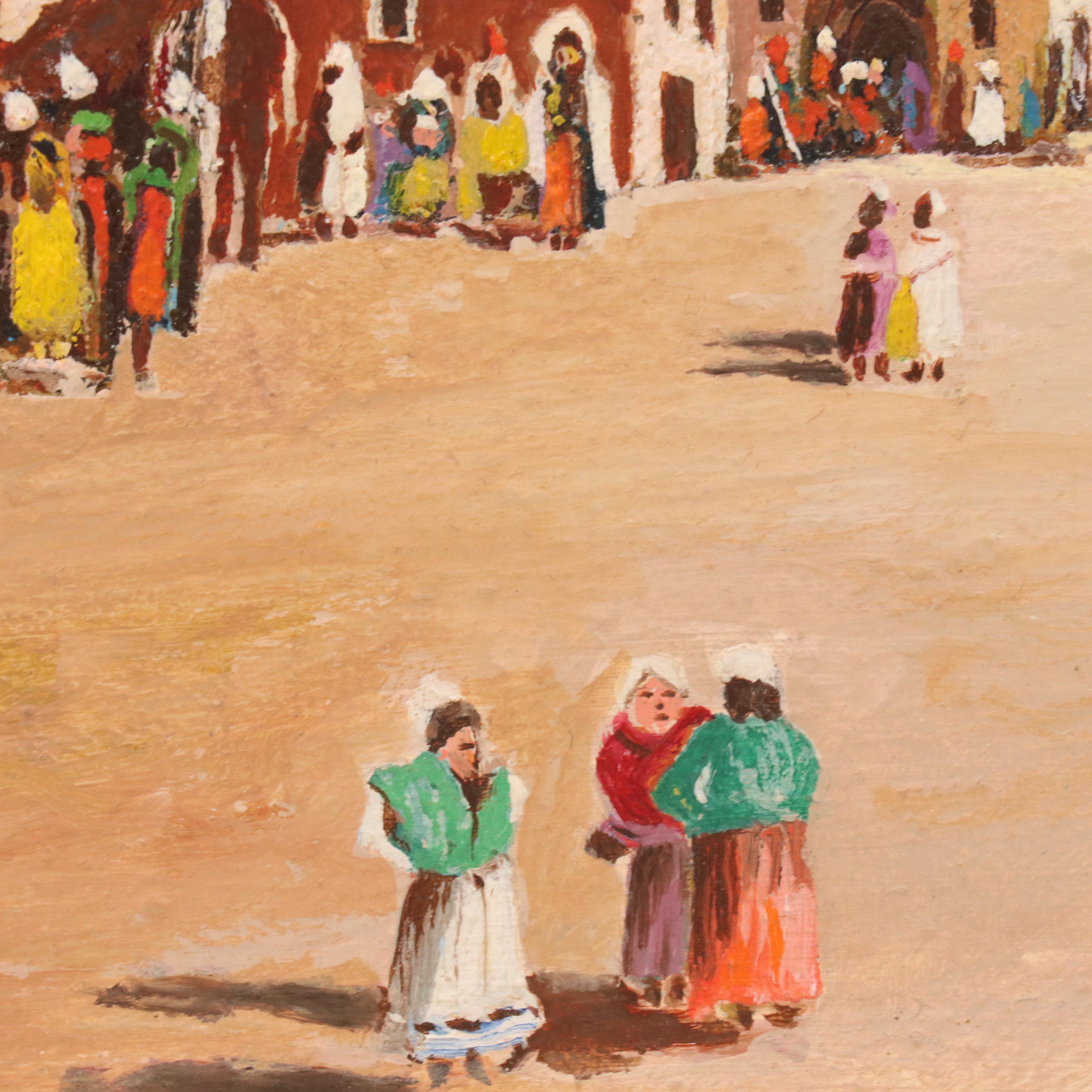 W. O. Bartlett Acrylic Painting of Tunisian Street Scene With Mosque, 1952