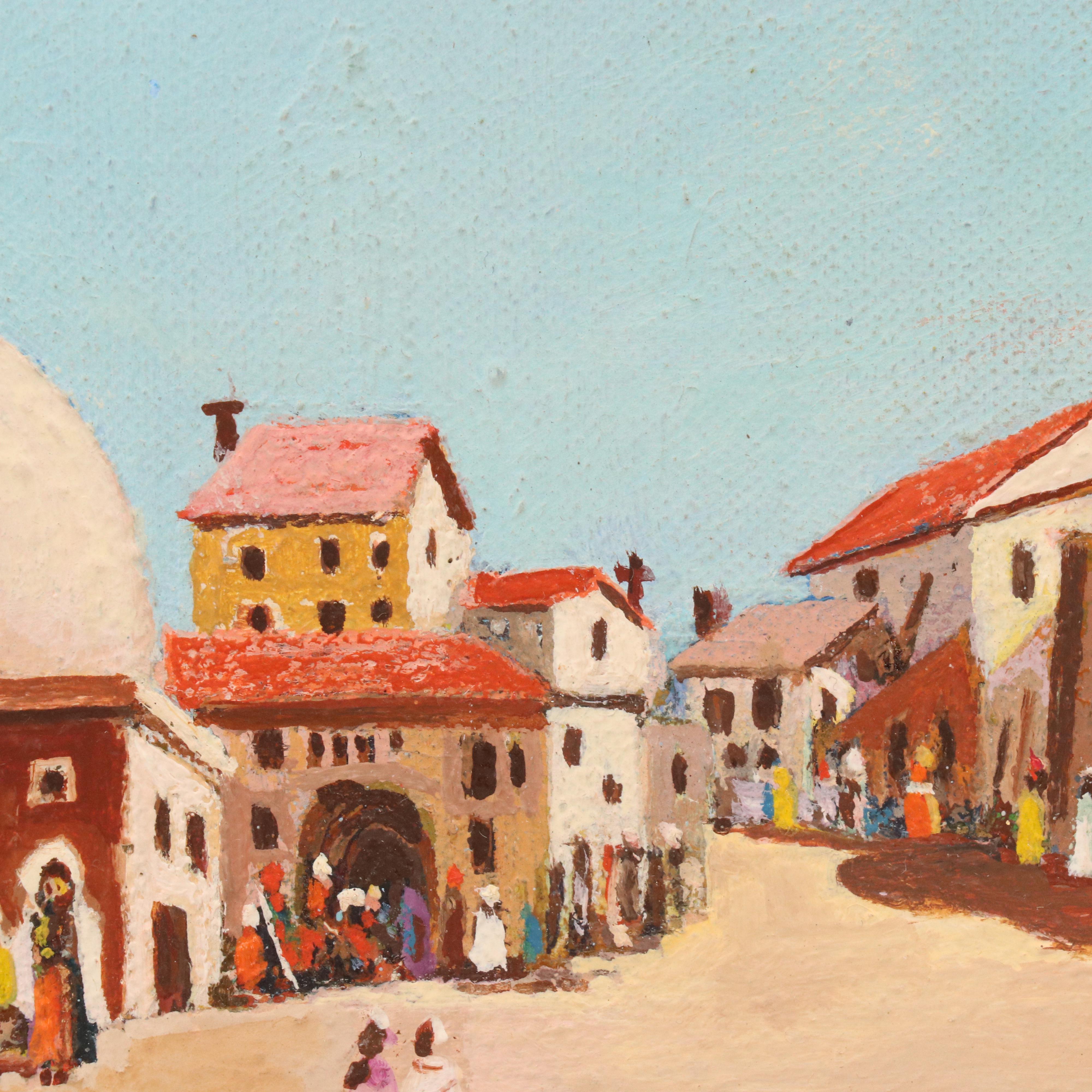 W. O. Bartlett Acrylic Painting of Tunisian Street Scene With Mosque, 1952