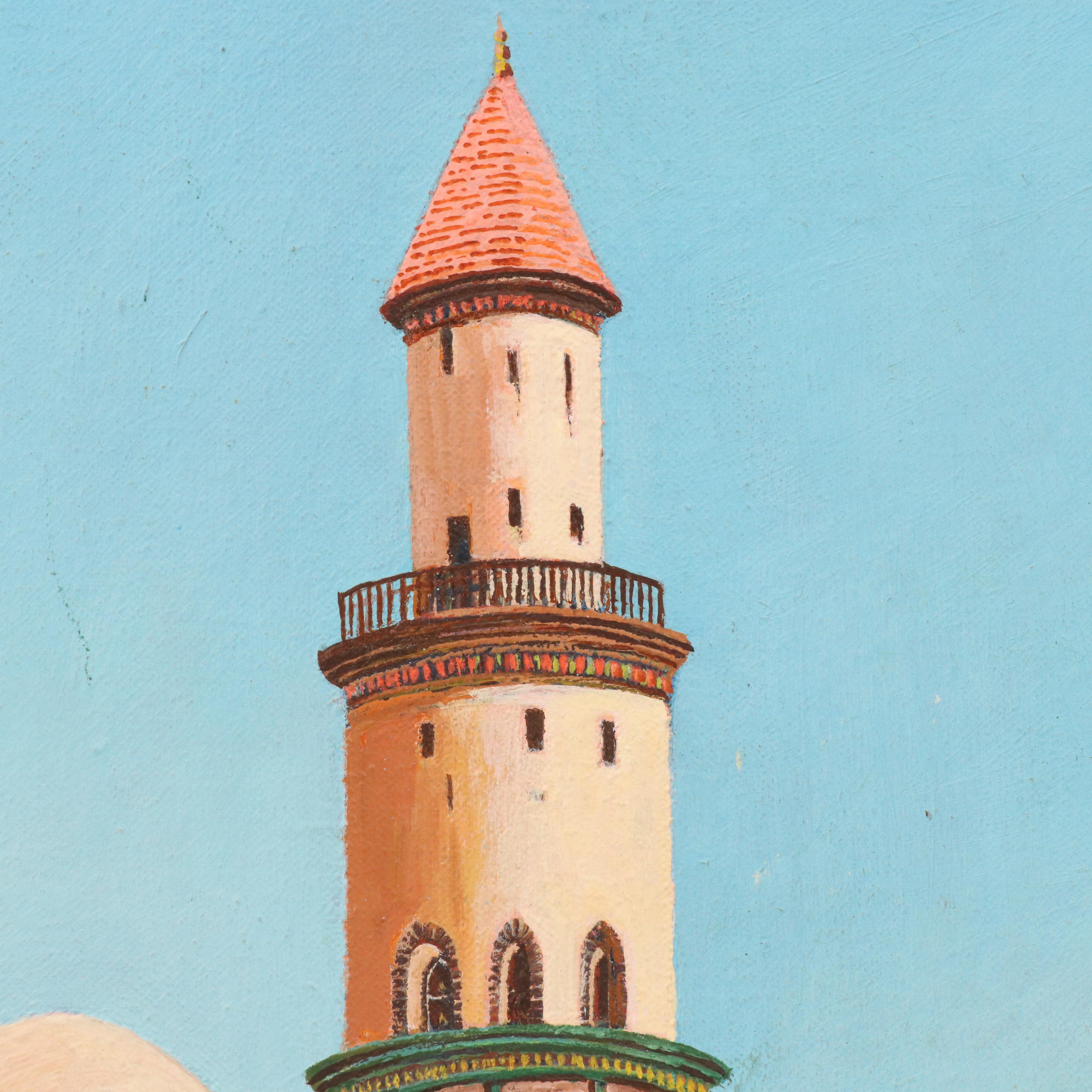 W. O. Bartlett Acrylic Painting of Tunisian Street Scene With Mosque, 1952