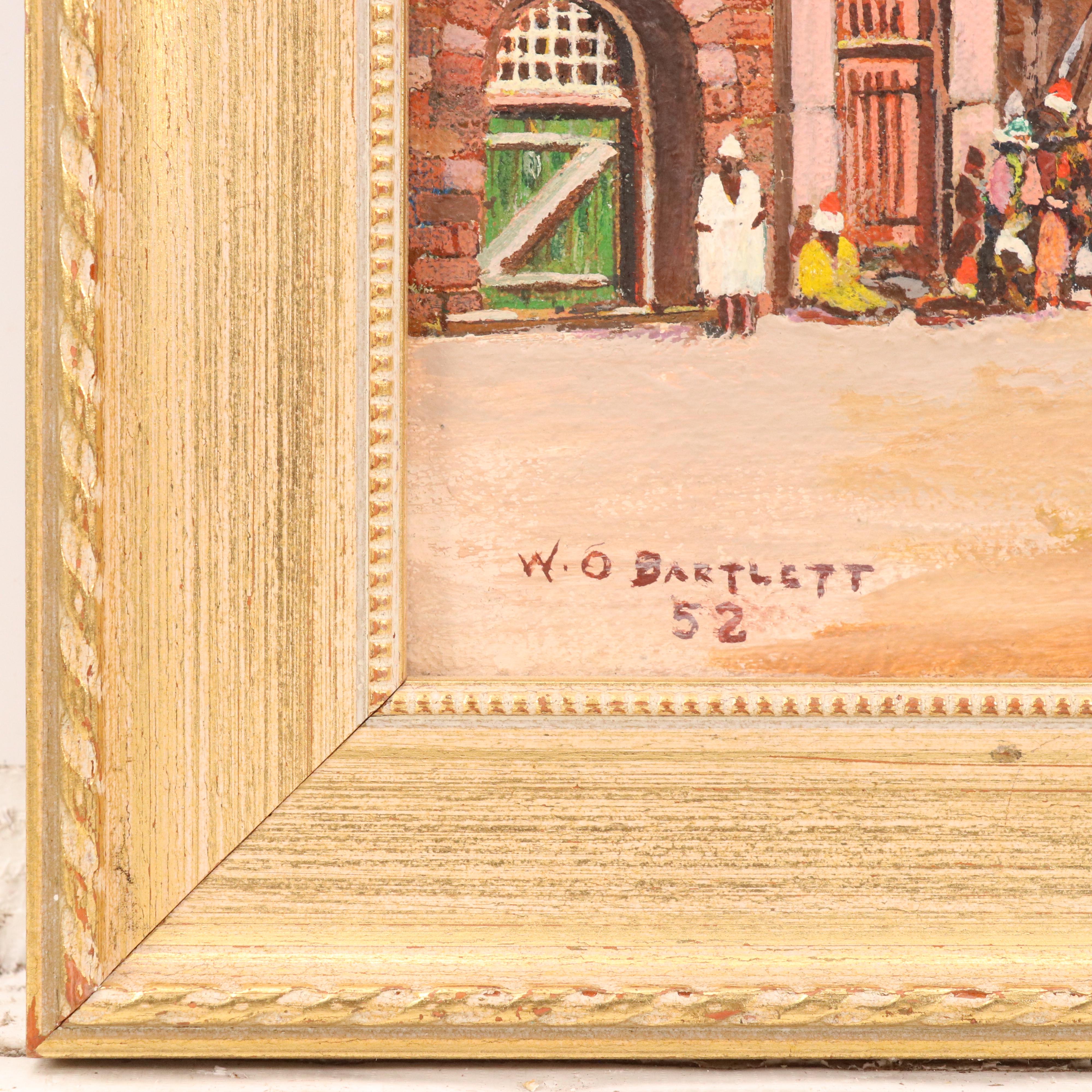 W. O. Bartlett Acrylic Painting of Tunisian Street Scene With Mosque, 1952