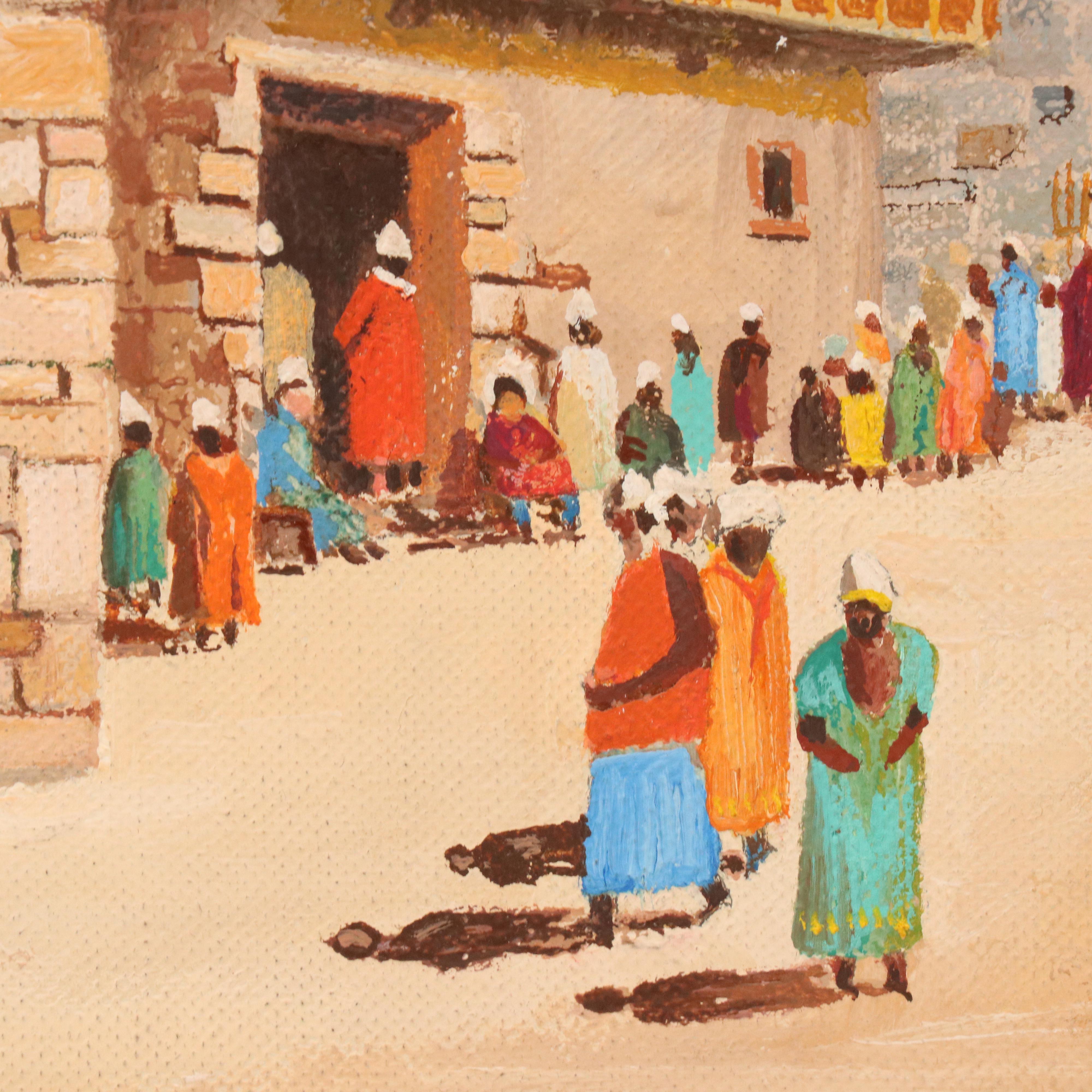 W. O. Bartlett Acrylic Painting of Tunisian Street Scene With Mosque, 1952