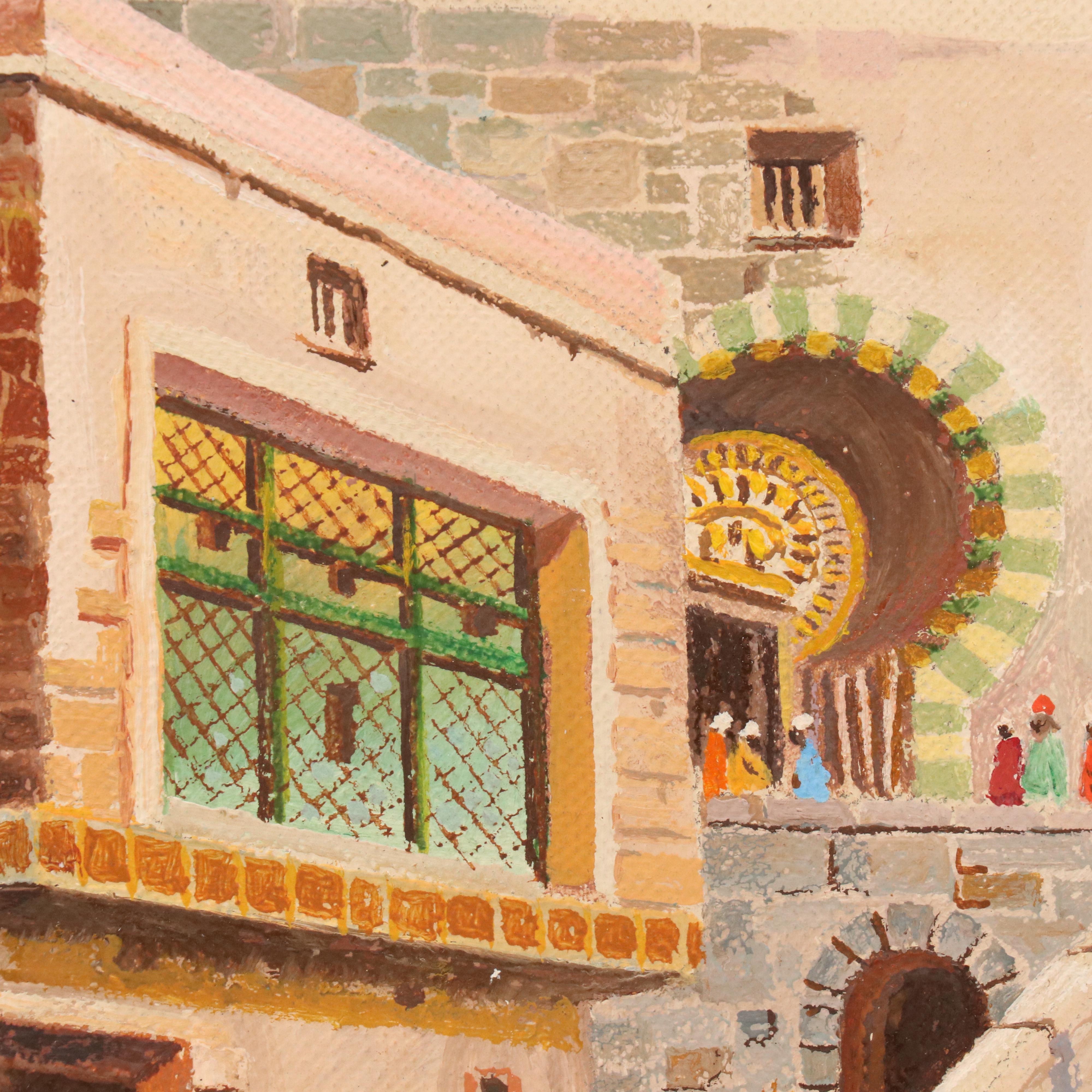 W. O. Bartlett Acrylic Painting of Tunisian Street Scene With Mosque, 1952