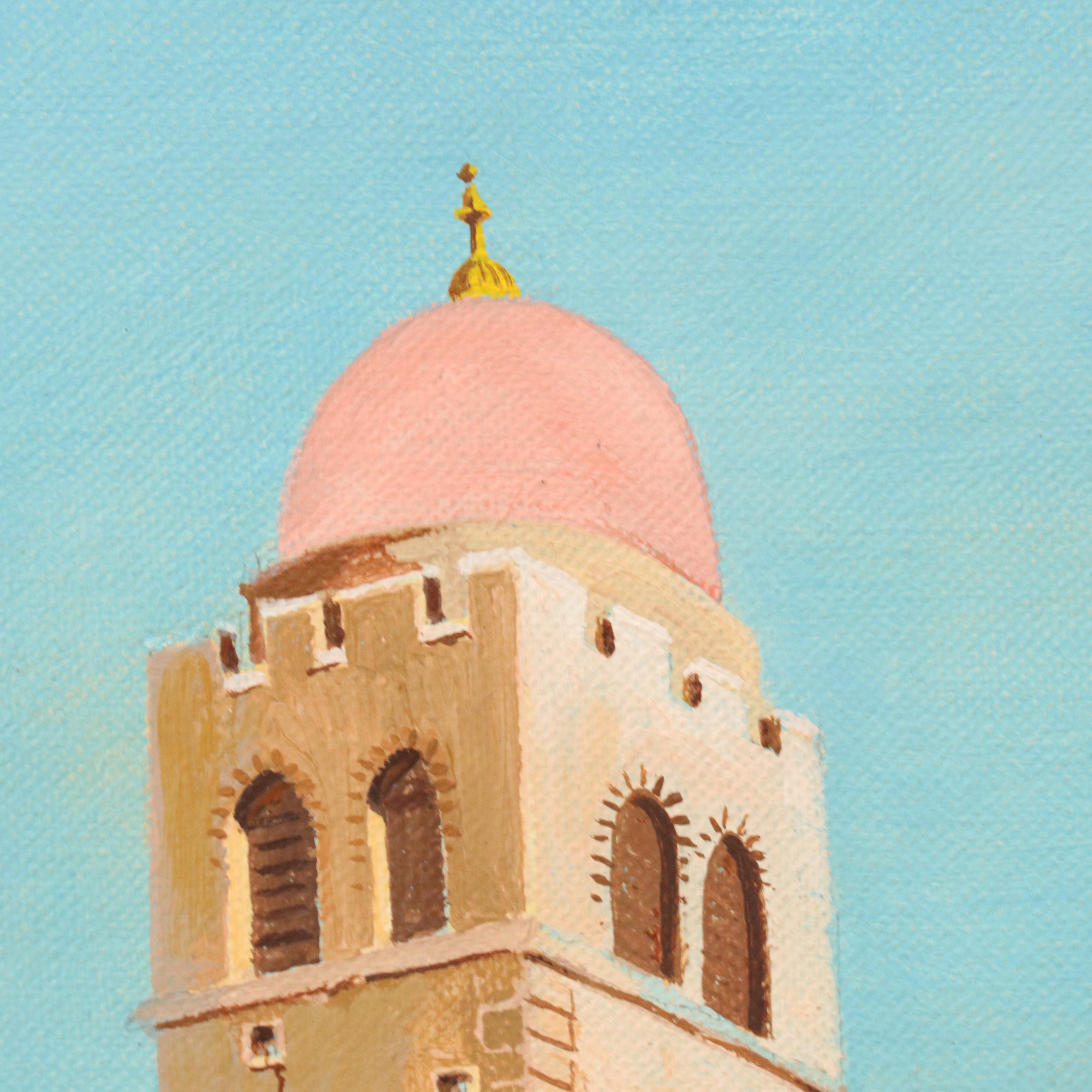 W. O. Bartlett Acrylic Painting of Tunisian Street Scene With Mosque, 1952