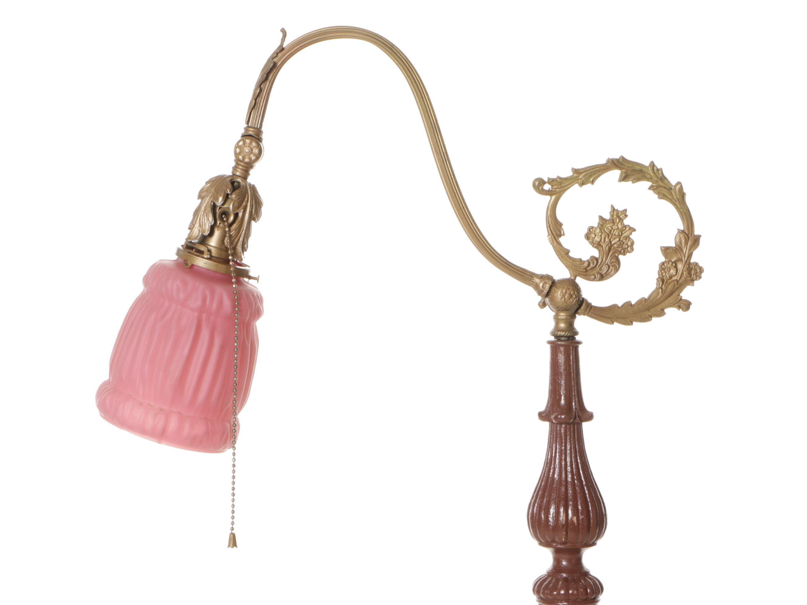 Victorian Bridge Arm Floor Lamp with Pink Ripple Satin Glass Shade