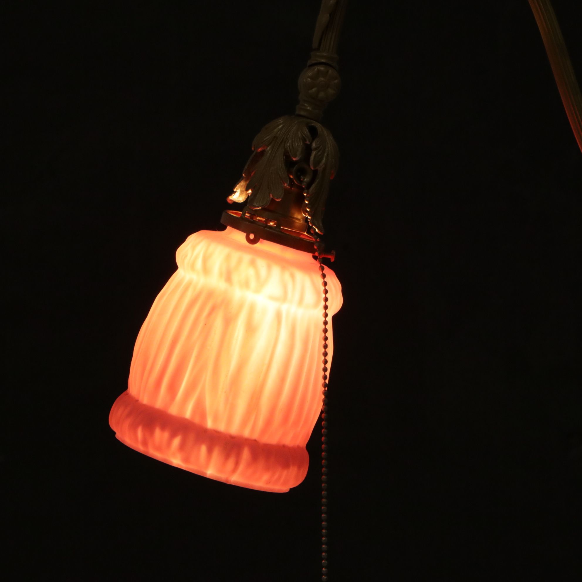 Victorian Bridge Arm Floor Lamp with Pink Ripple Satin Glass Shade