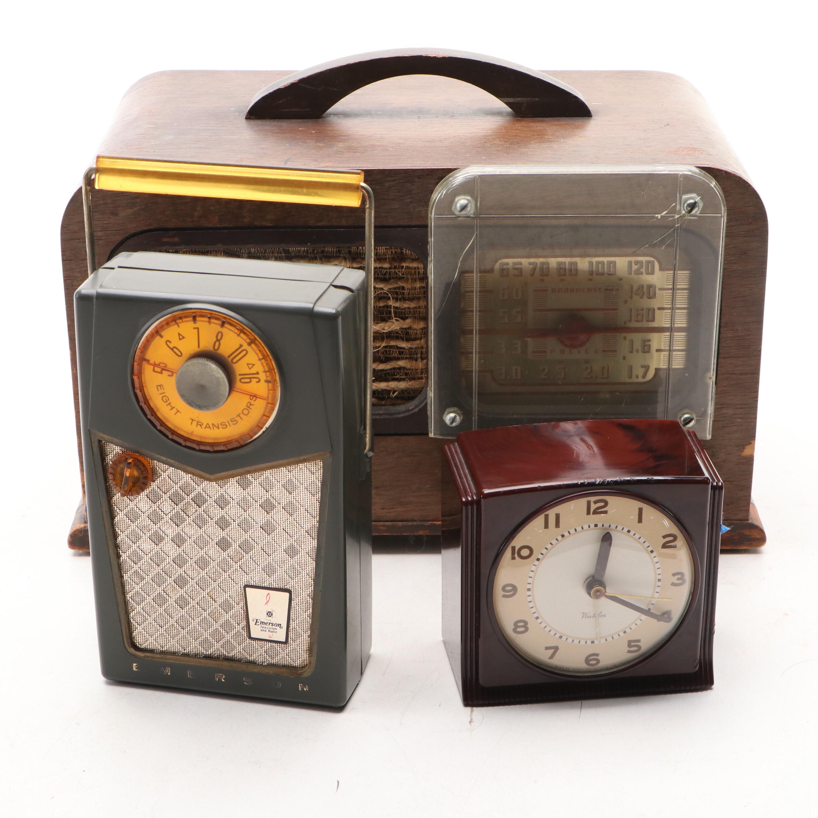 Philco Police Radio with Emerson Pocket Radio and Westclox Alarm Clock