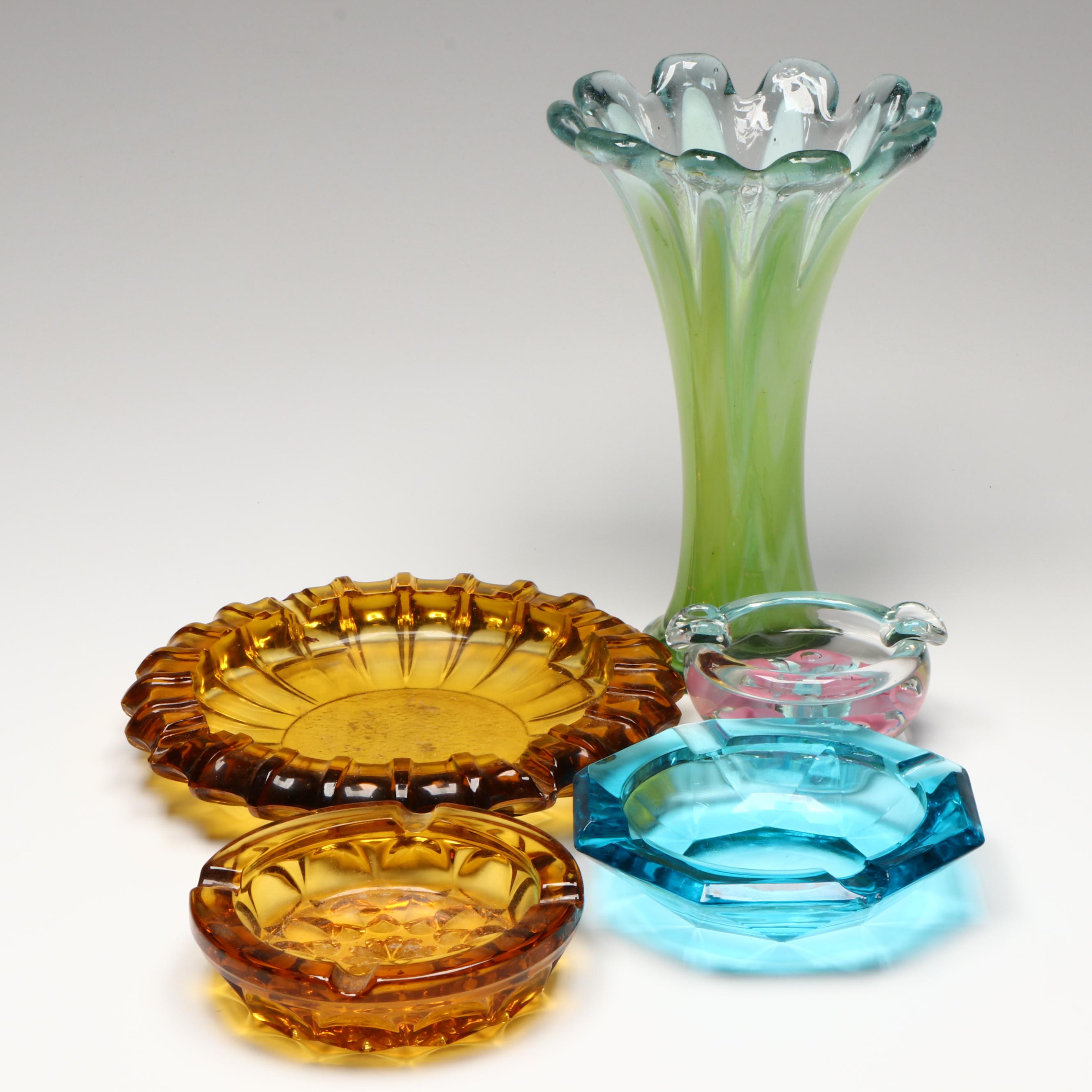Art Glass Vase with Glass Ashtrays and Decorative Glass Bowl