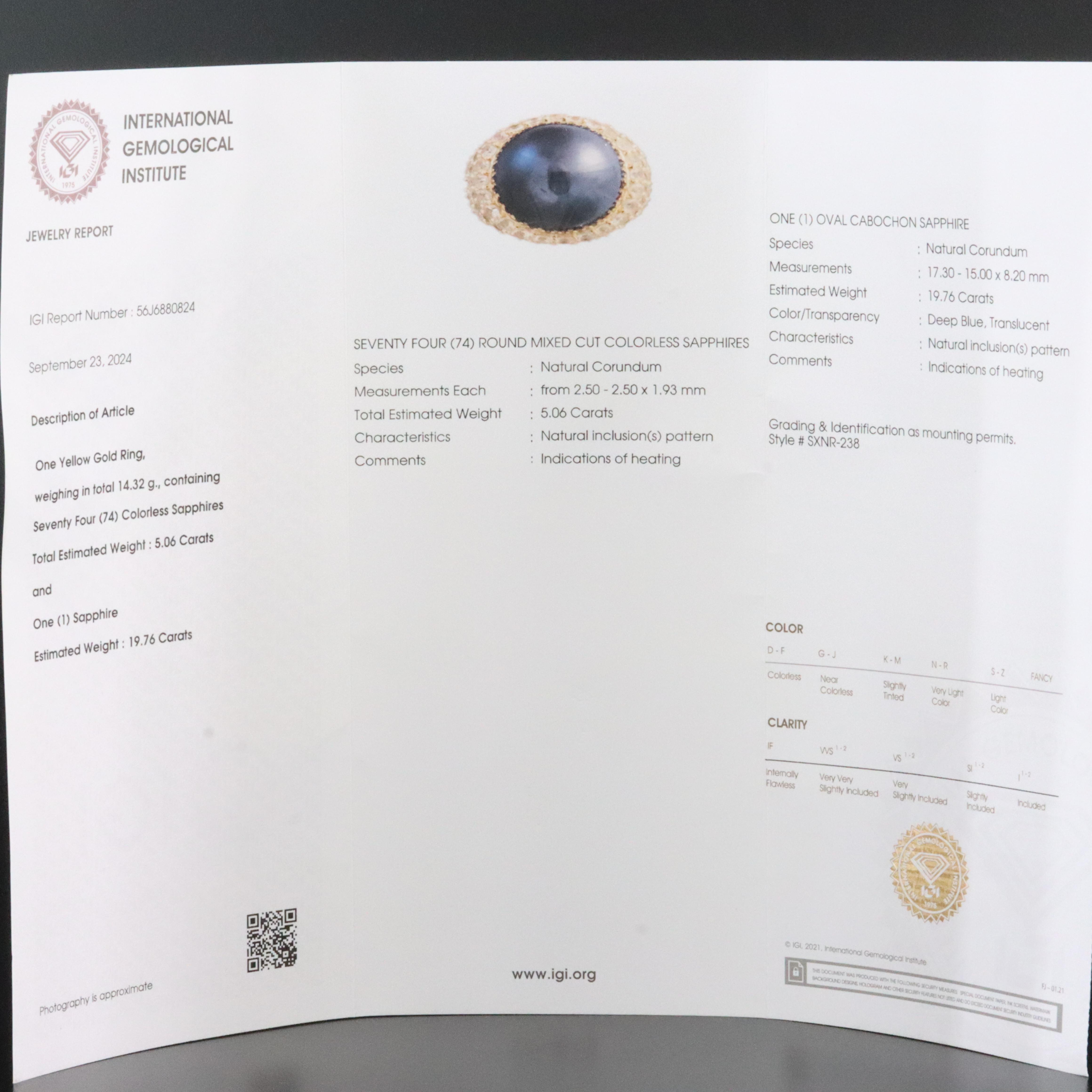 14K 19.76 CT Sapphire and White Sapphire Ring with IGI Jewelry Report