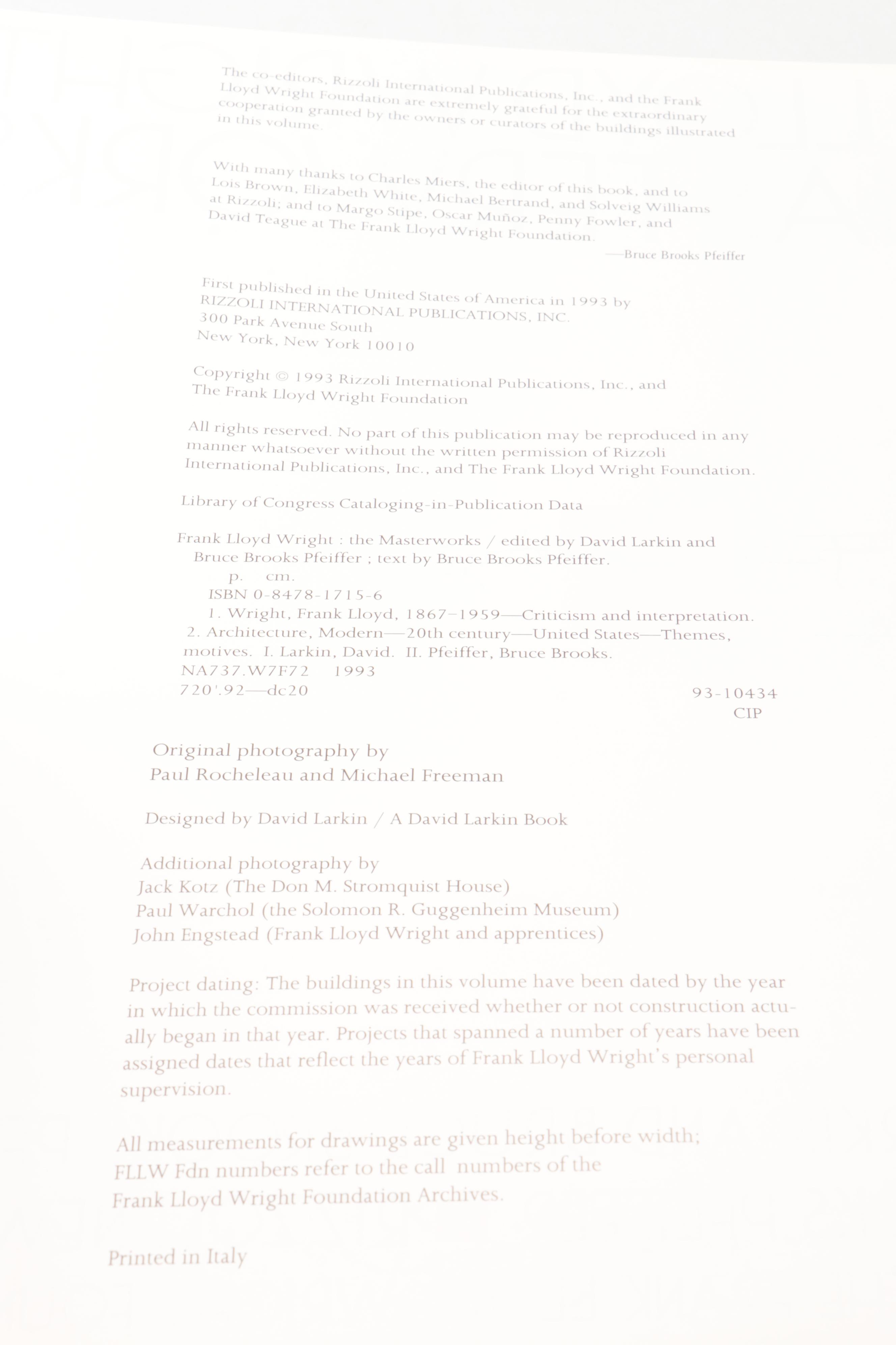 First Edition "Frank Lloyd Wright: The Masterworks" Edited by David Larkin, 1993