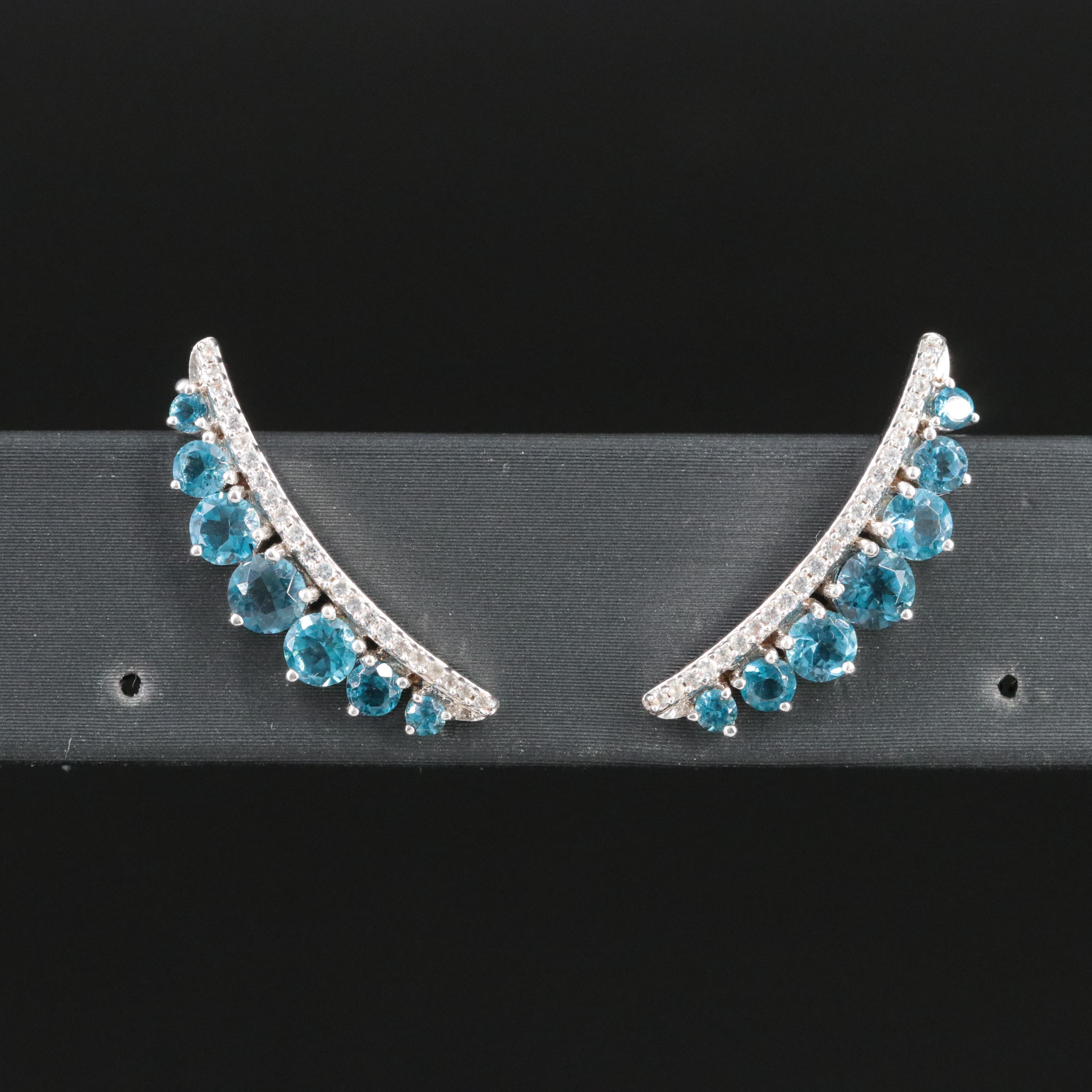 Sterling Swiss Blue Topaz with Sapphire Ear Climbers