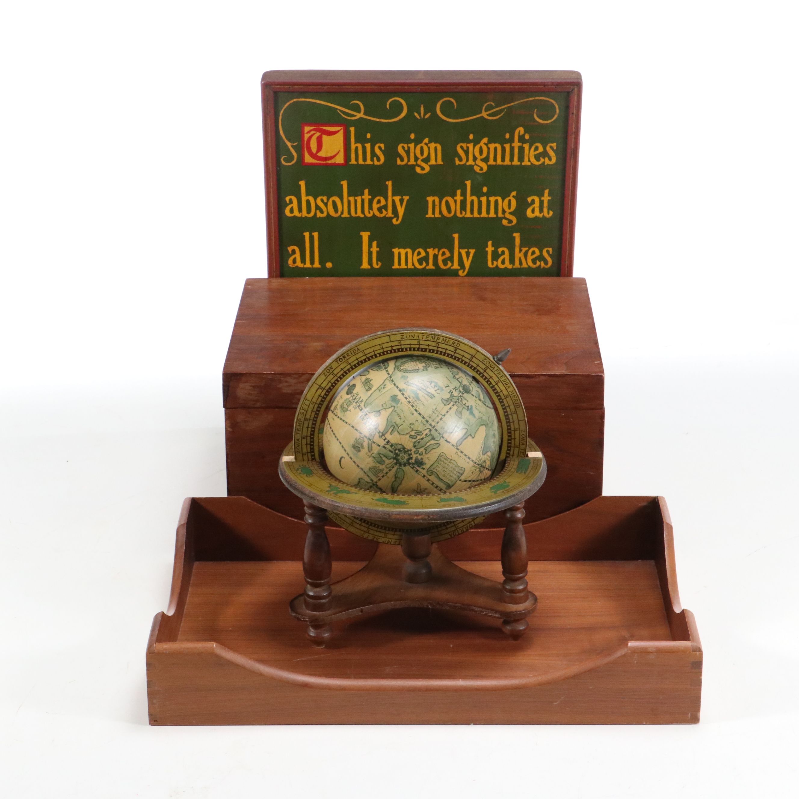Novelty Wall Sign with Vintage Globe, Carver Wood Tray and More