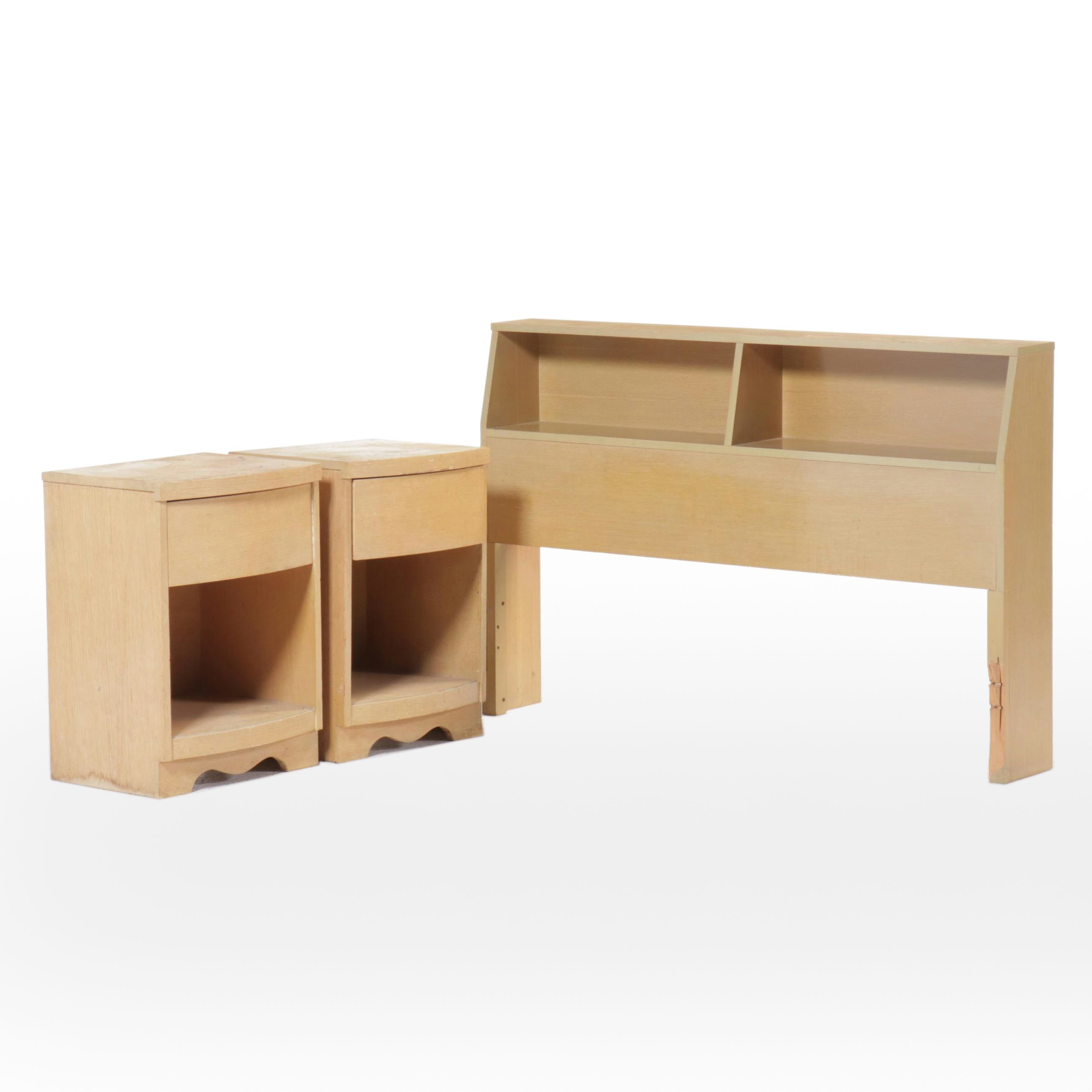 Mid Century Modern Oak Full Size Headboard and Two Nightstands