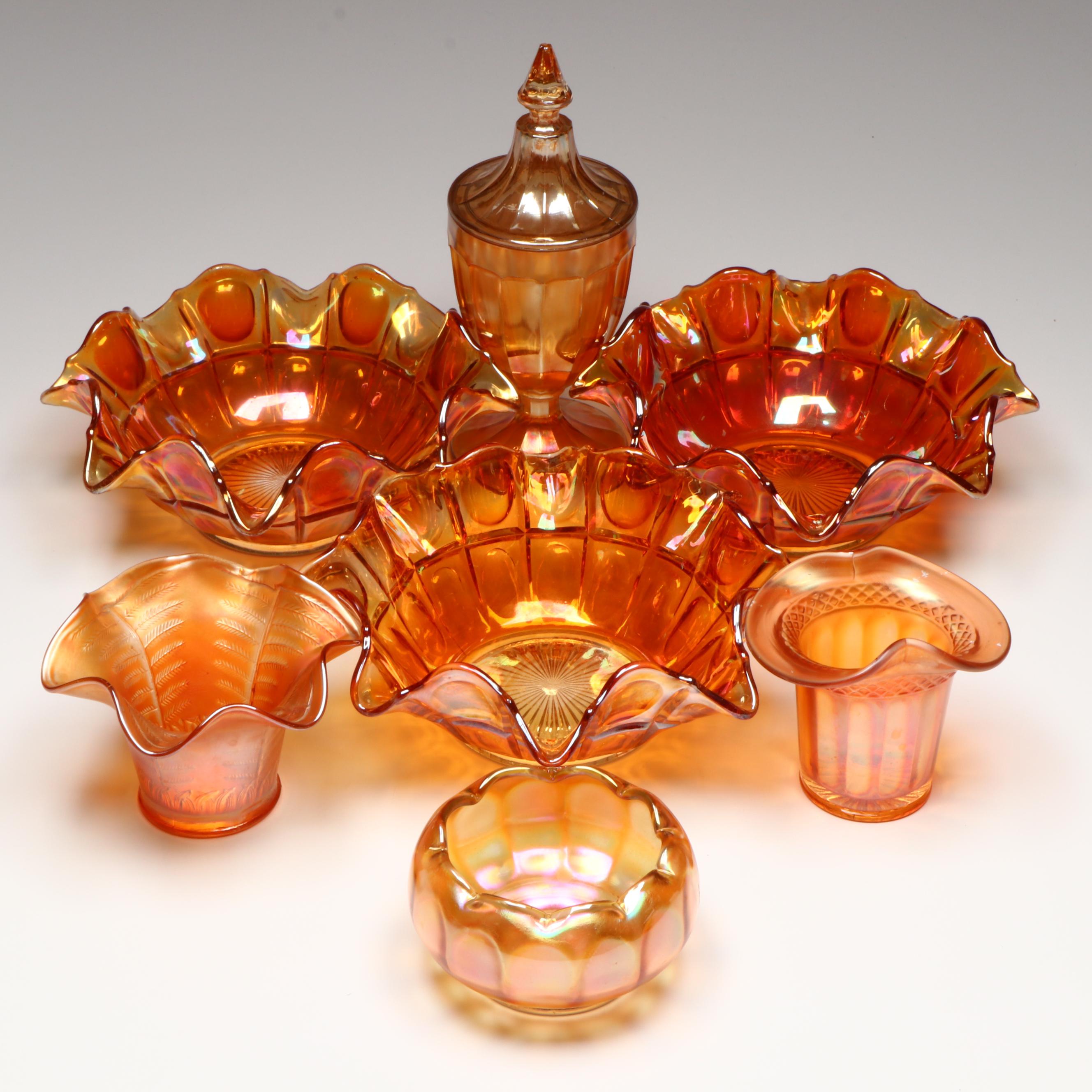 Imperial "Thumbprint" Ruffled Edge Bowls and Other Marigold Carnival Glass Decor