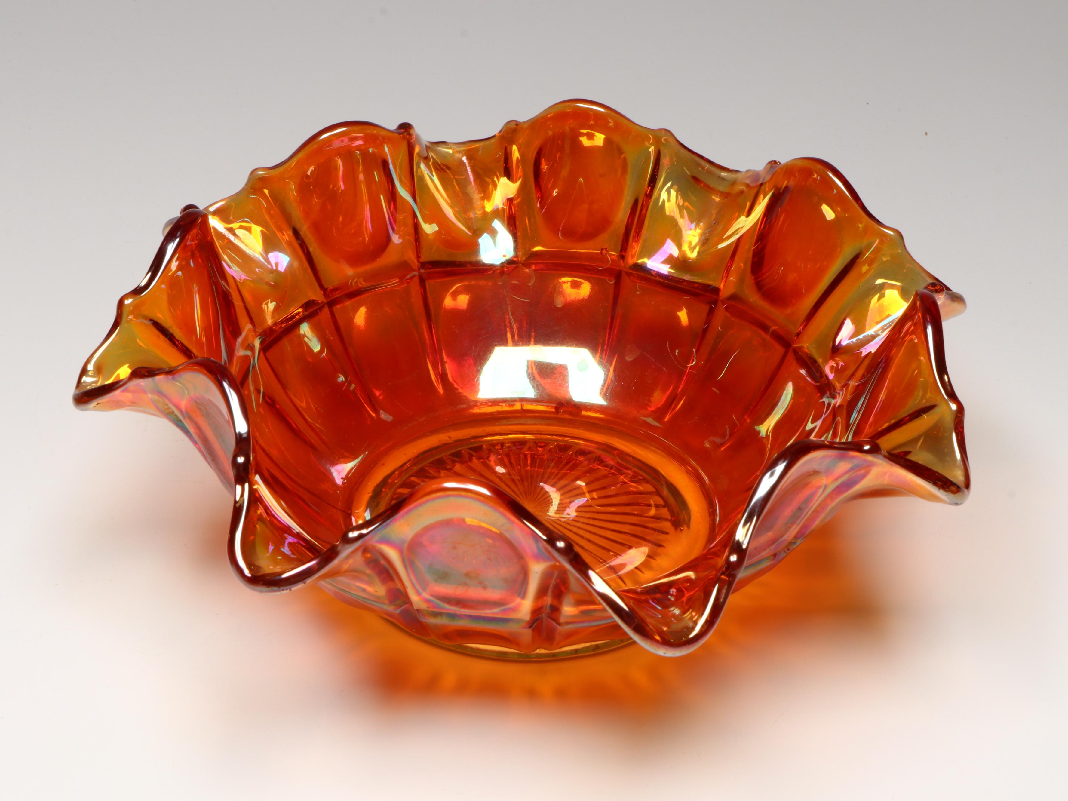 Imperial "Thumbprint" Ruffled Edge Bowls and Other Marigold Carnival Glass Decor