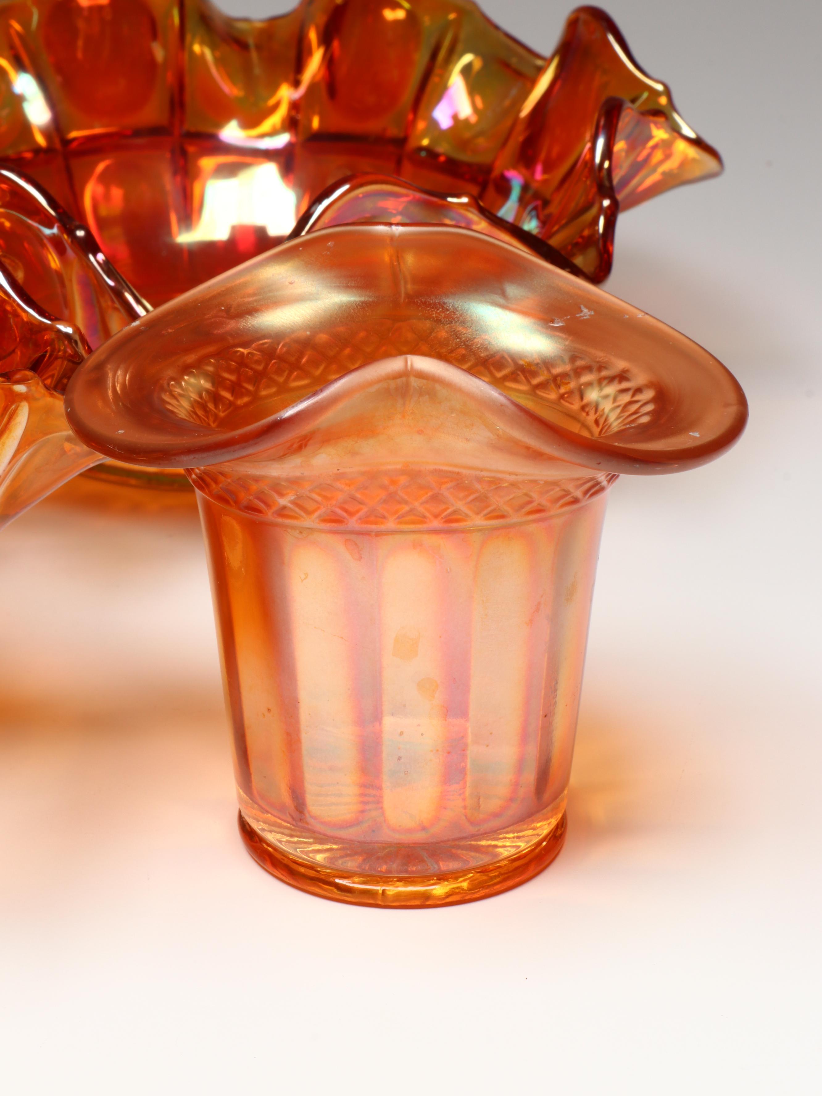 Imperial "Thumbprint" Ruffled Edge Bowls and Other Marigold Carnival Glass Decor