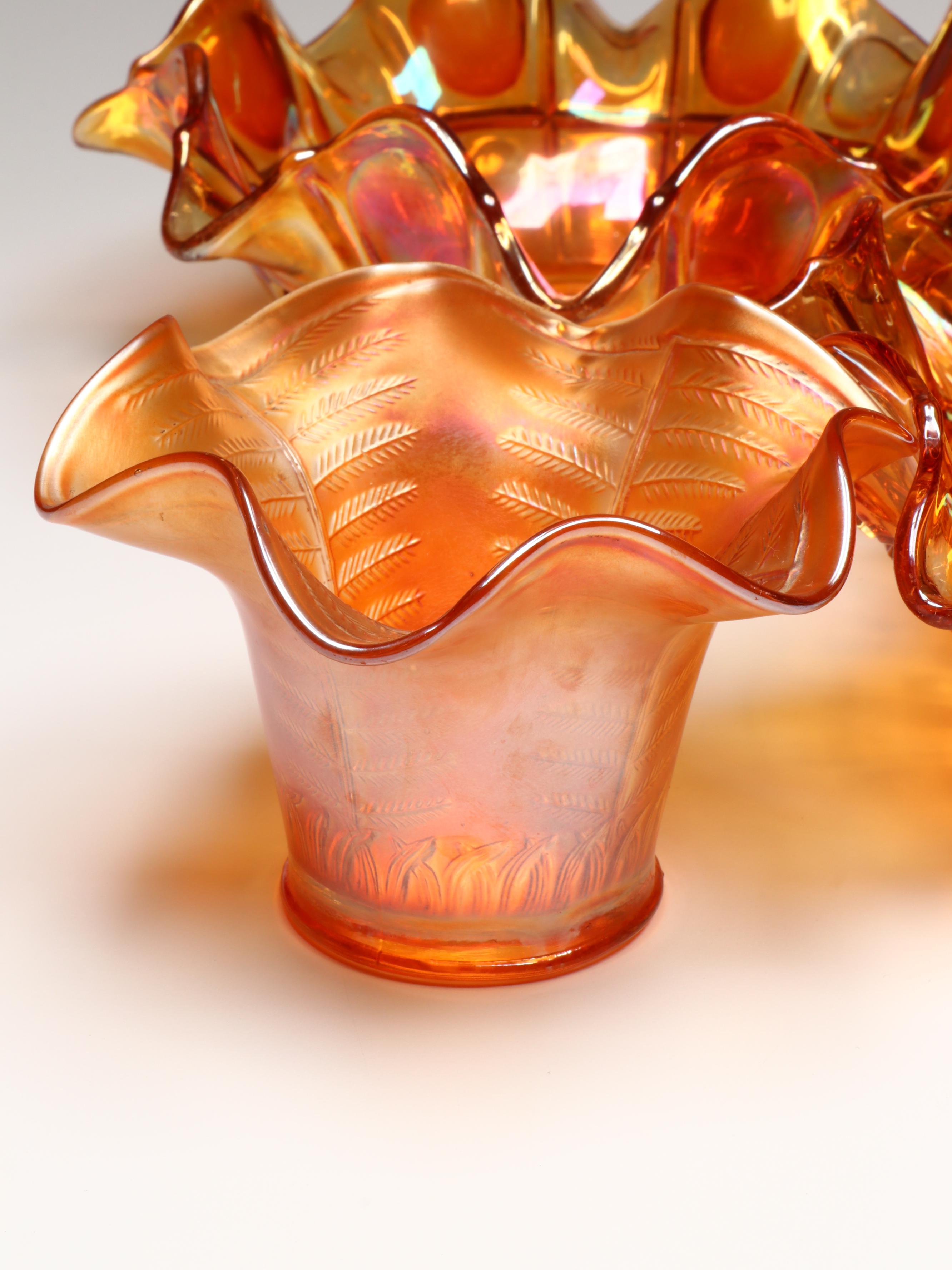 Imperial "Thumbprint" Ruffled Edge Bowls and Other Marigold Carnival Glass Decor
