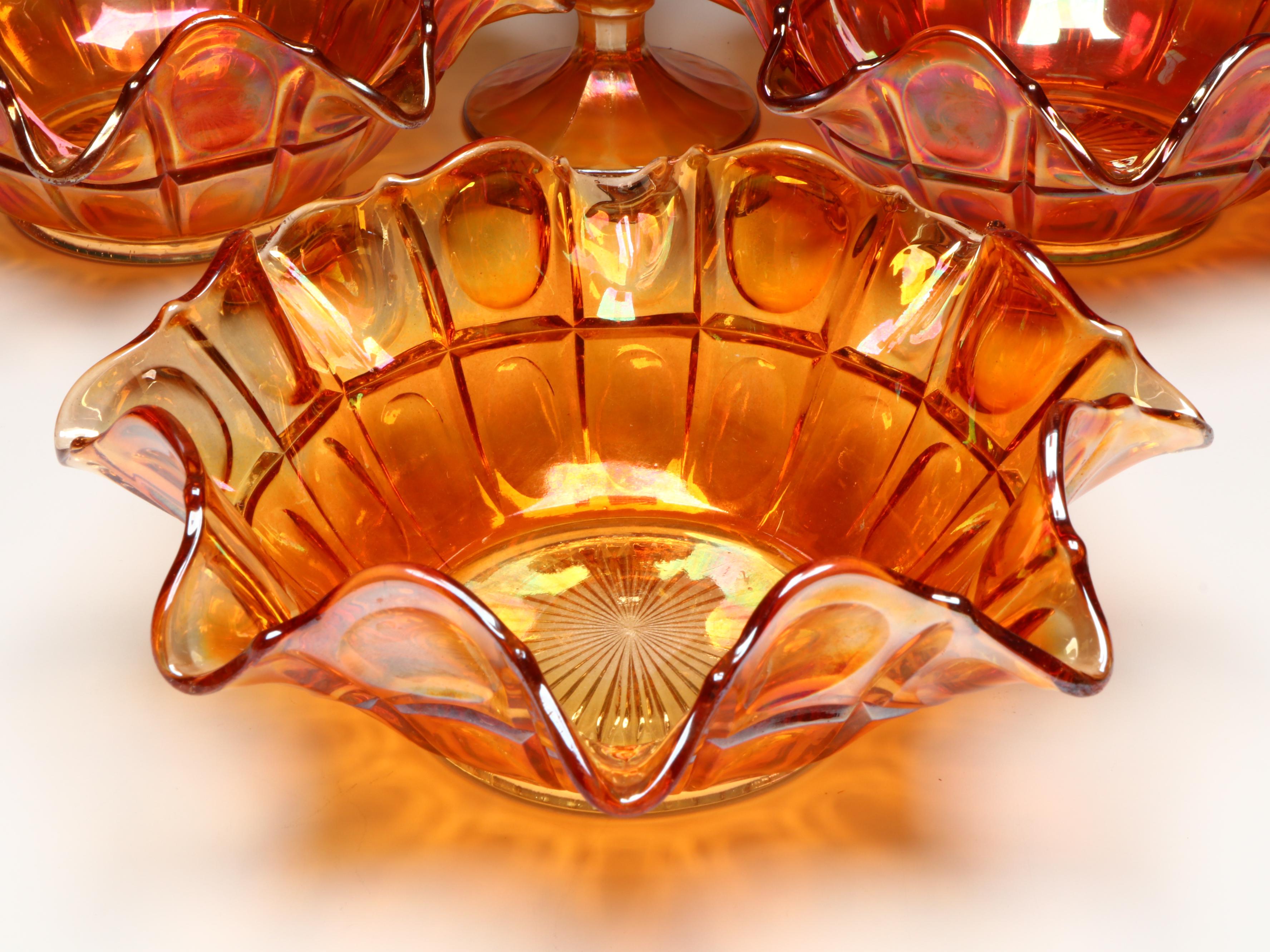 Imperial "Thumbprint" Ruffled Edge Bowls and Other Marigold Carnival Glass Decor