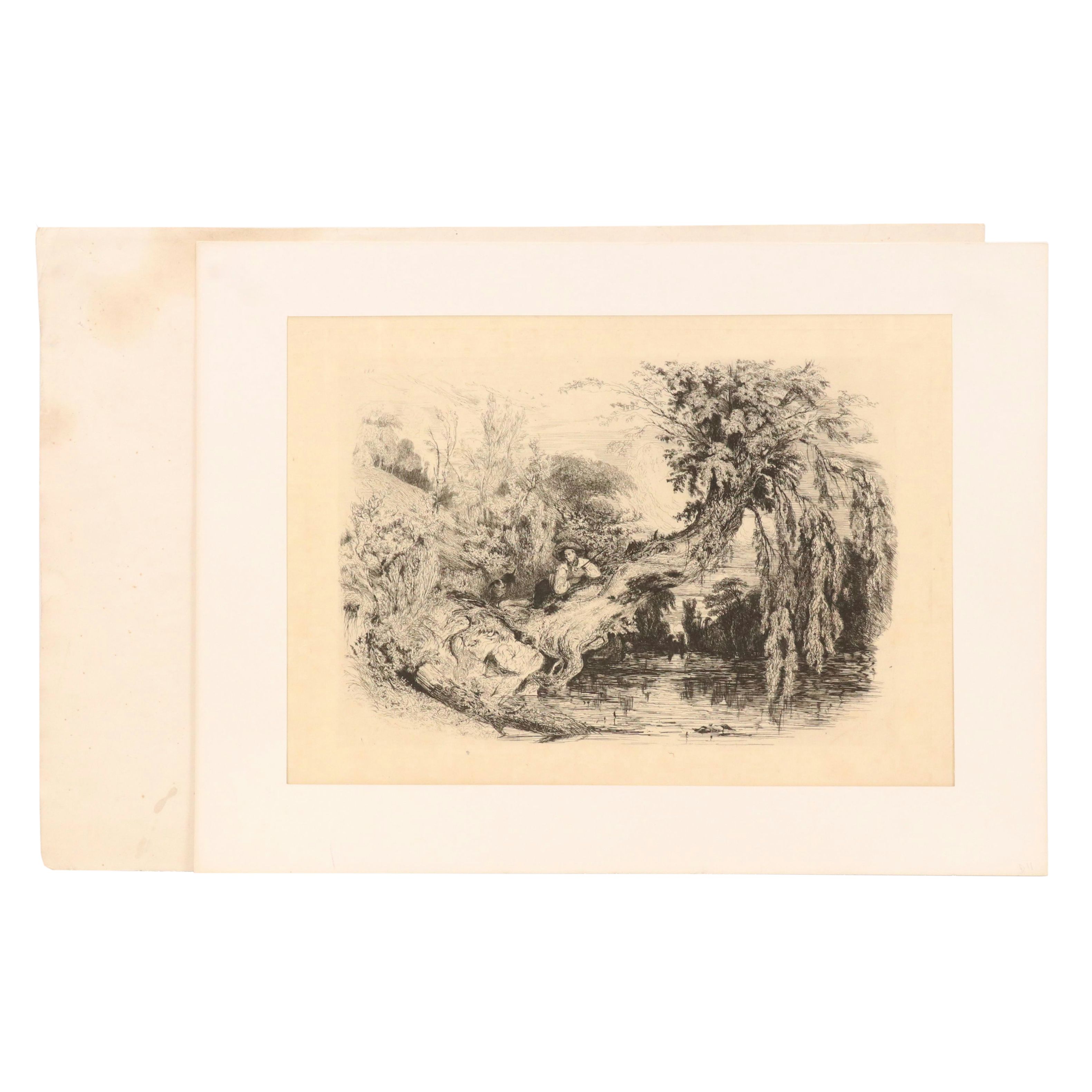 Paul Huet Landscape Etchings Including "Chaumière normande près d'Arques"