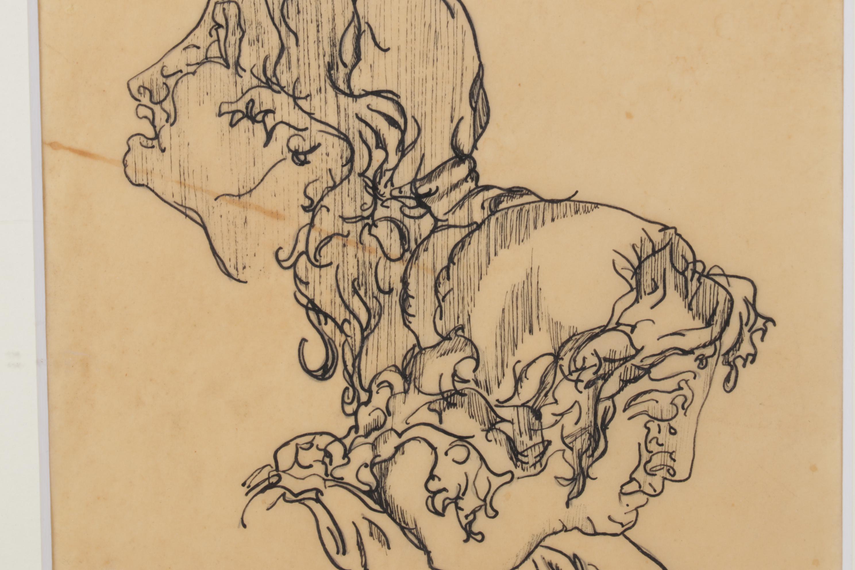 A.E.R Gestural Sketch of Two Figures in Ink, Mid-20th Century