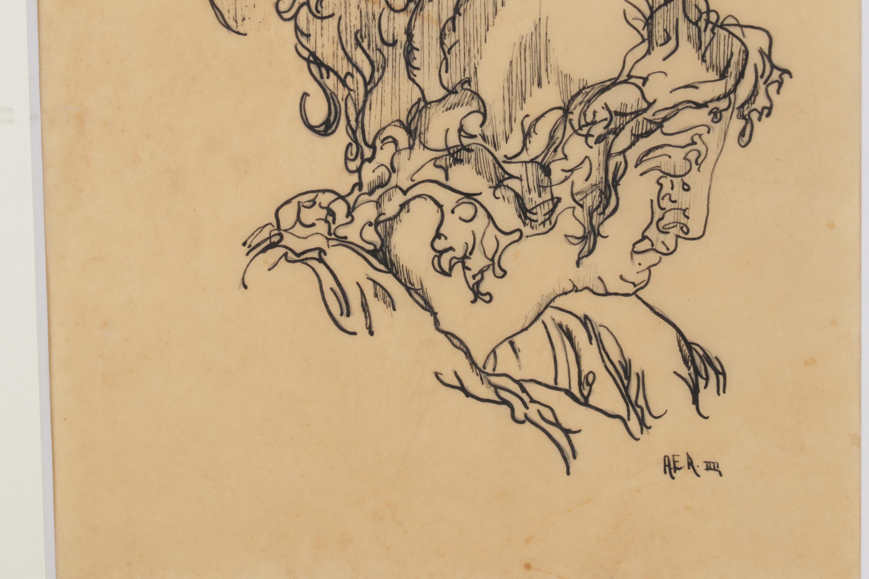 A.E.R Gestural Sketch of Two Figures in Ink, Mid-20th Century
