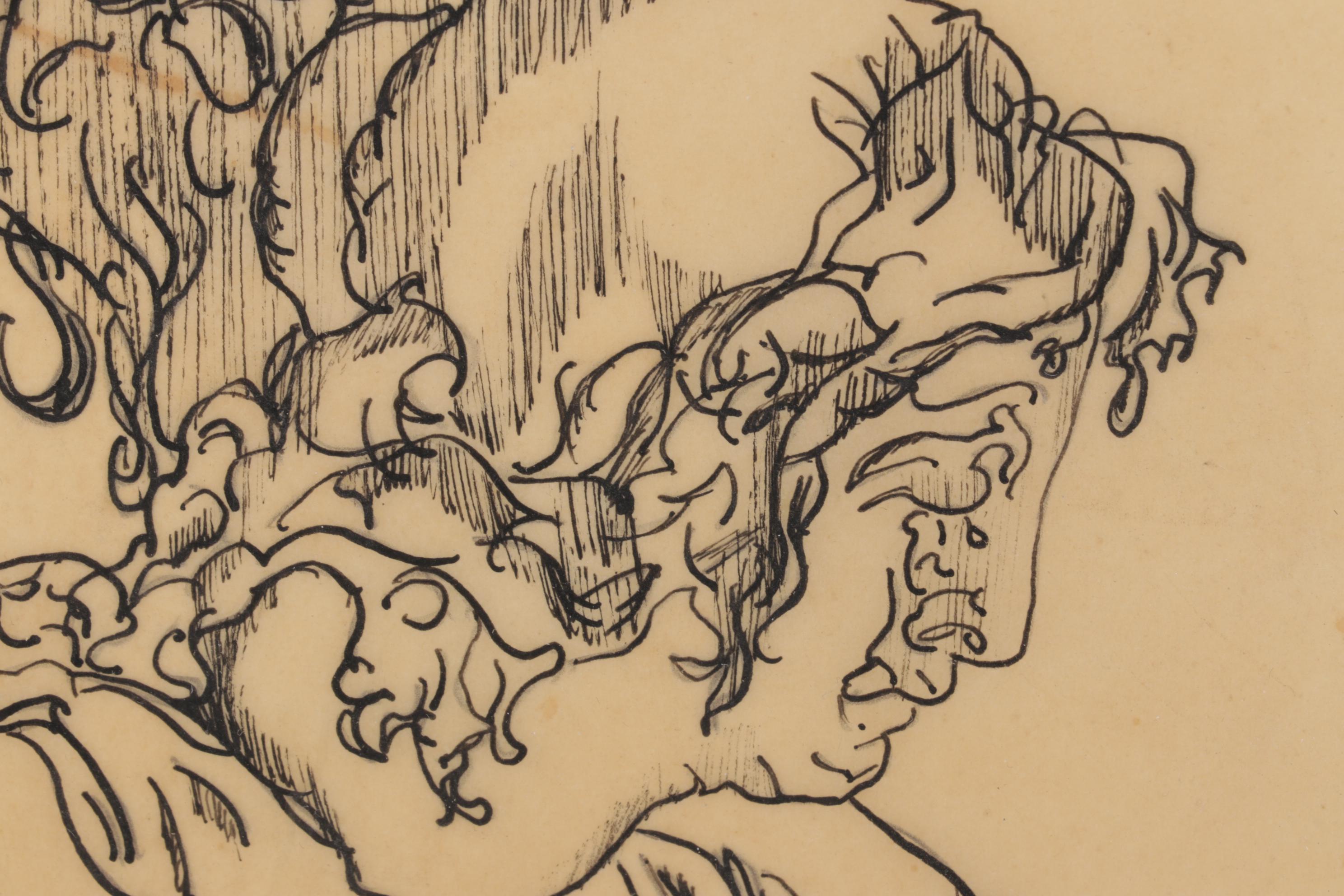 A.E.R Gestural Sketch of Two Figures in Ink, Mid-20th Century