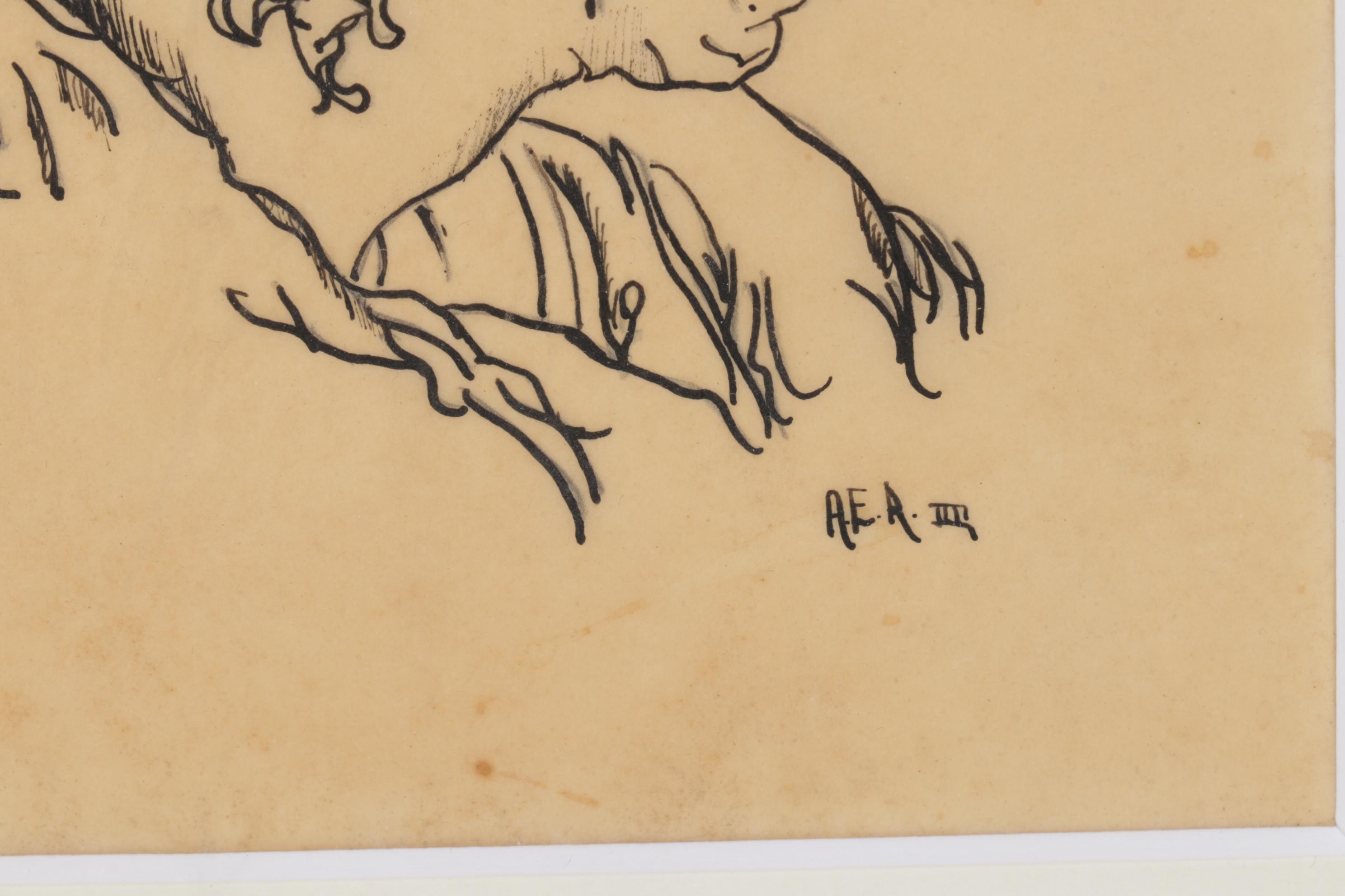 A.E.R Gestural Sketch of Two Figures in Ink, Mid-20th Century