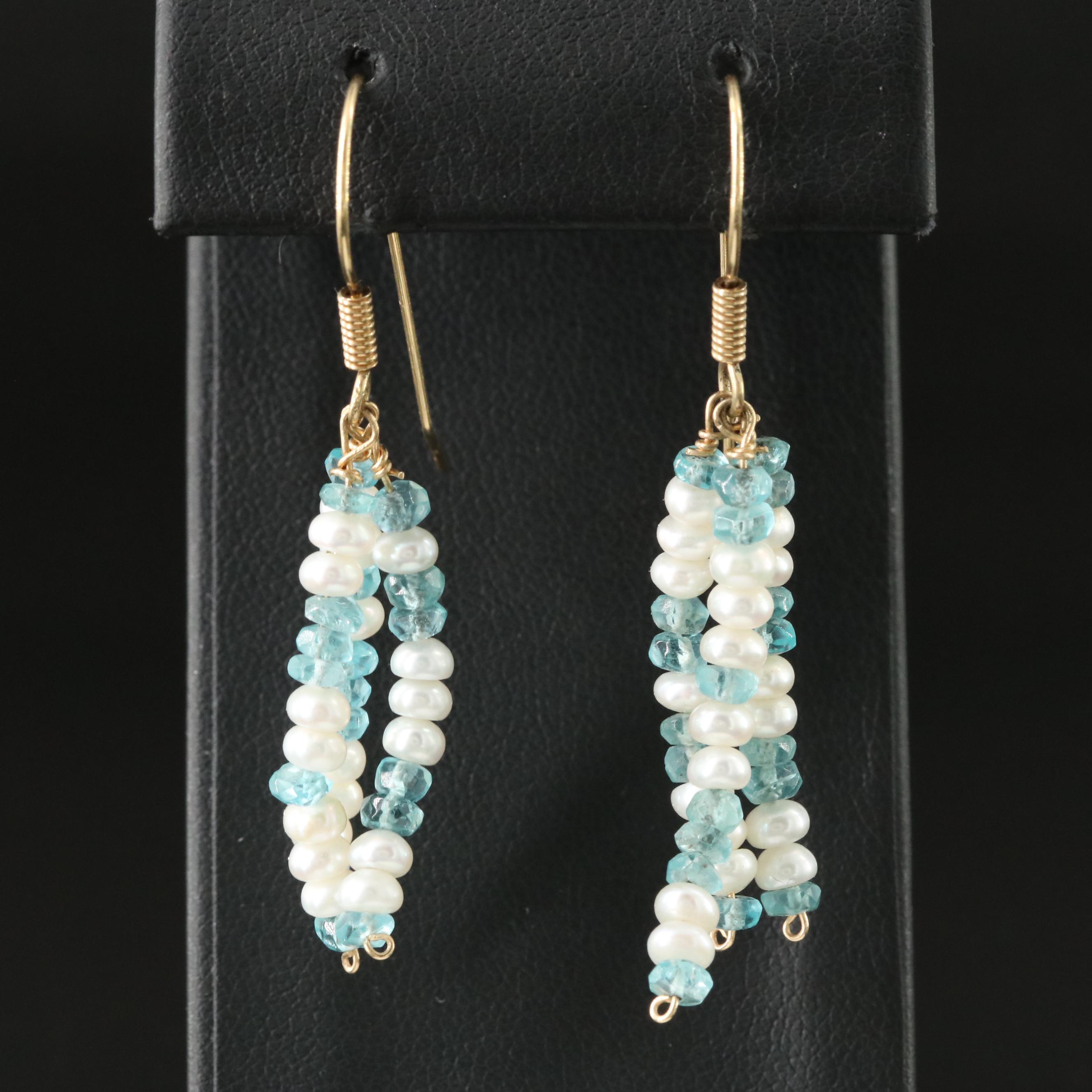 14K Pearl and Aquamarine Drop Earrings